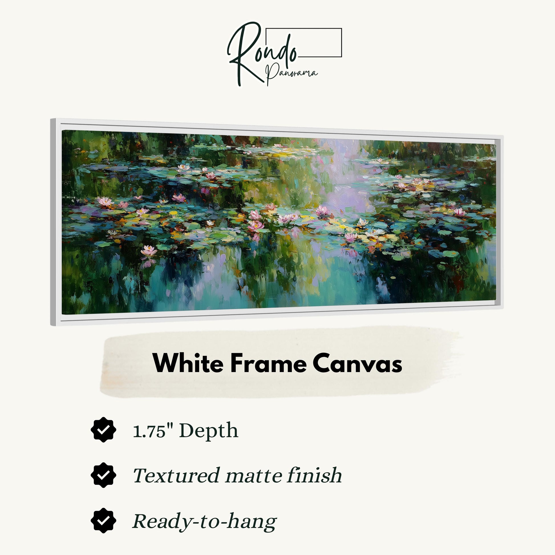 The image is a framed painting of a water lily pond with lily pads, and it is described as a "White Frame Canvas" with a 1.75" depth and a "Textured matte finish".