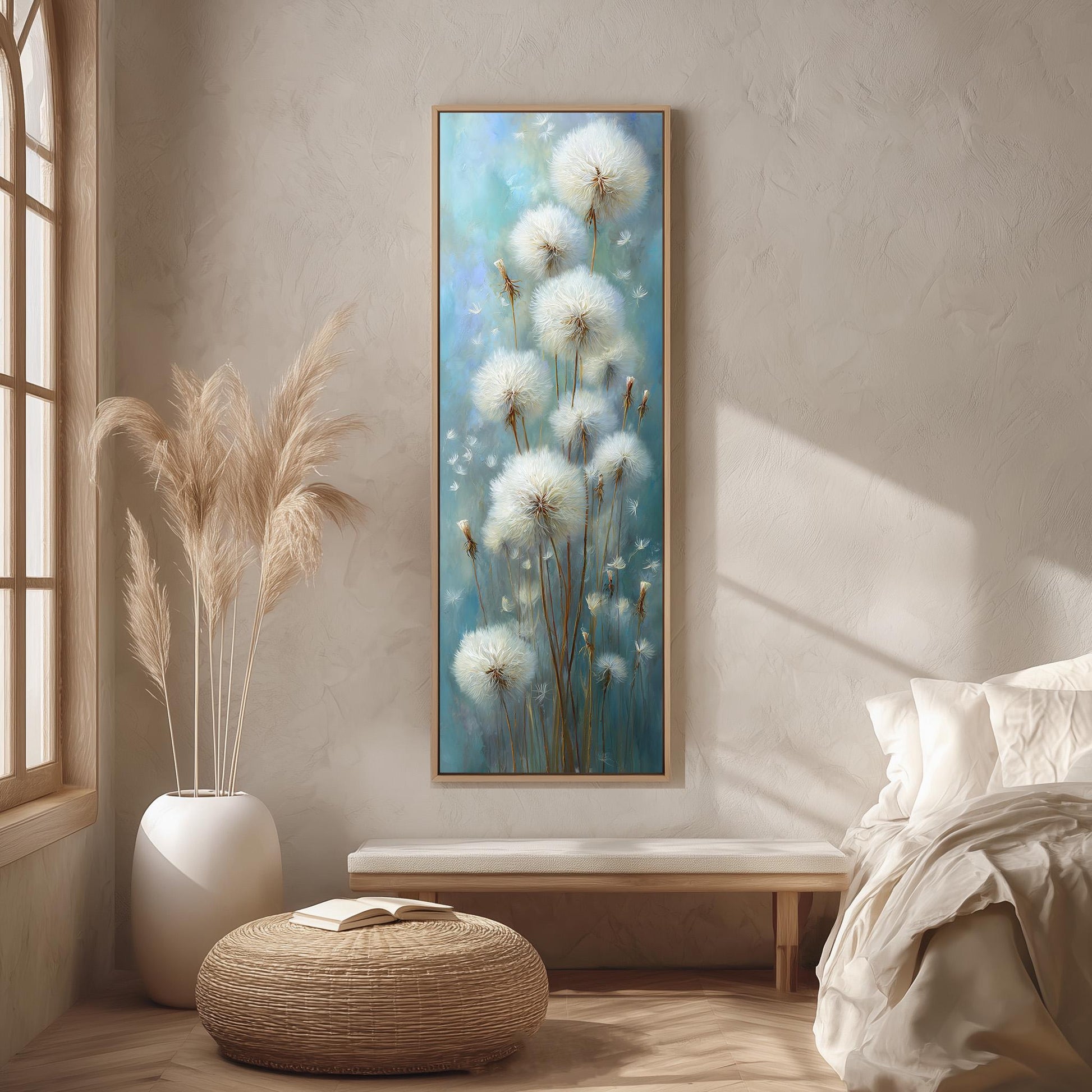 a serene and cozy bedroom scene, featuring a large painting of dandelions hanging on the wall, a white bed with a white pillow, a white vase with tall potted plants, and a woven ottoman.