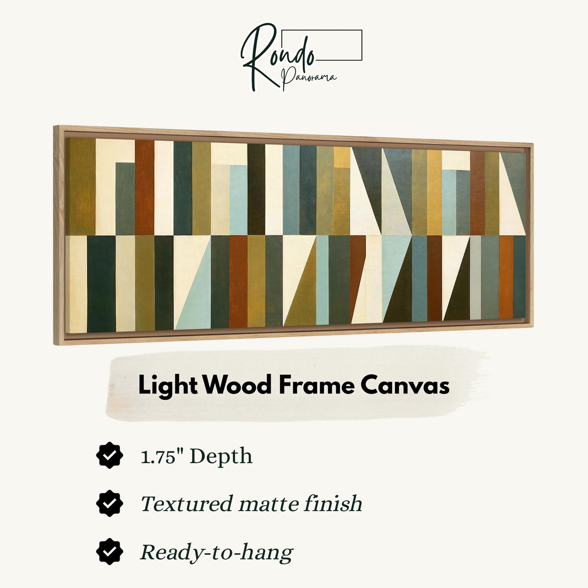 Earth tone geometric triangles canvas print in a light wood floating frame
