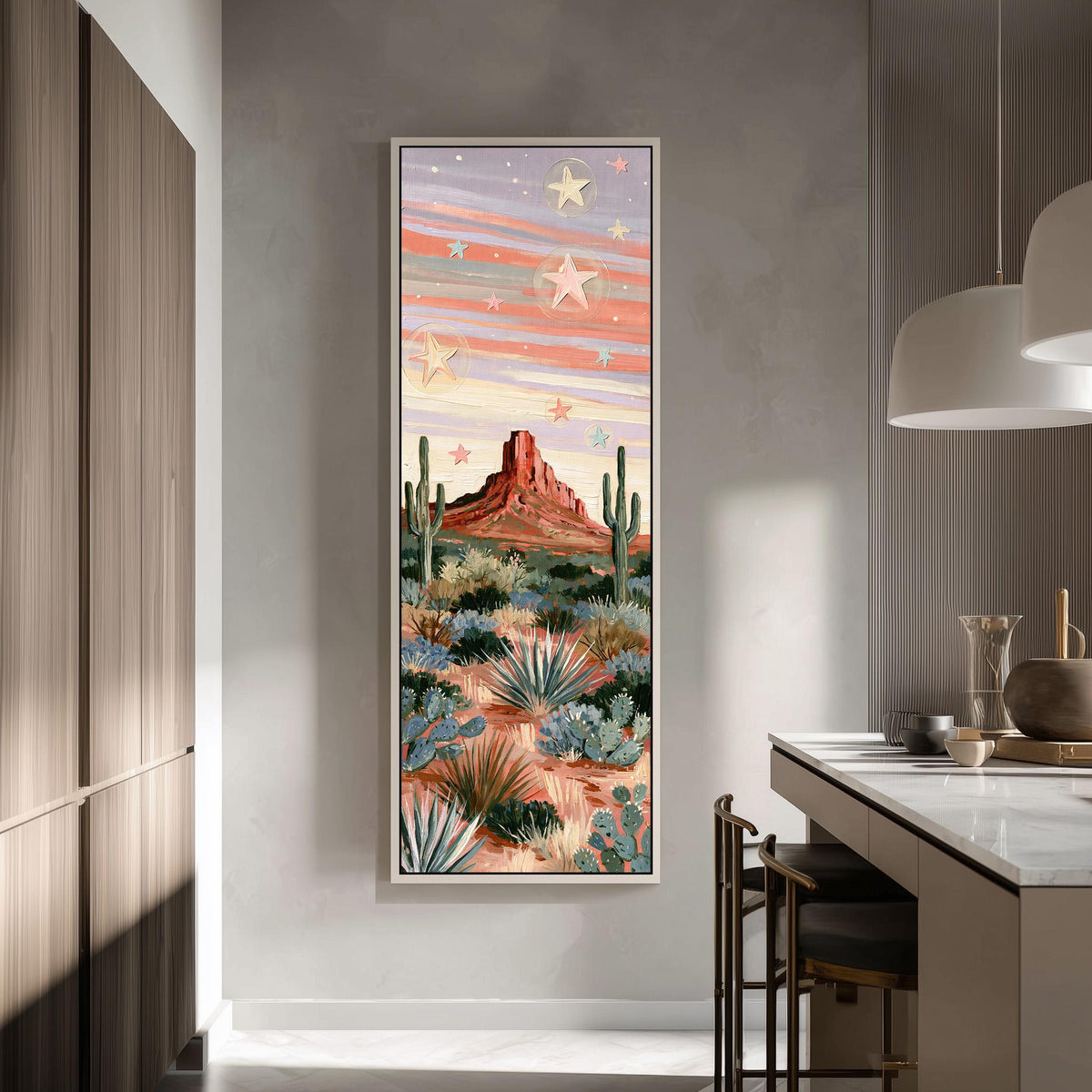 Red butte and cacti under a pastel starry sky tall skinny canvas print in a modern kitchen