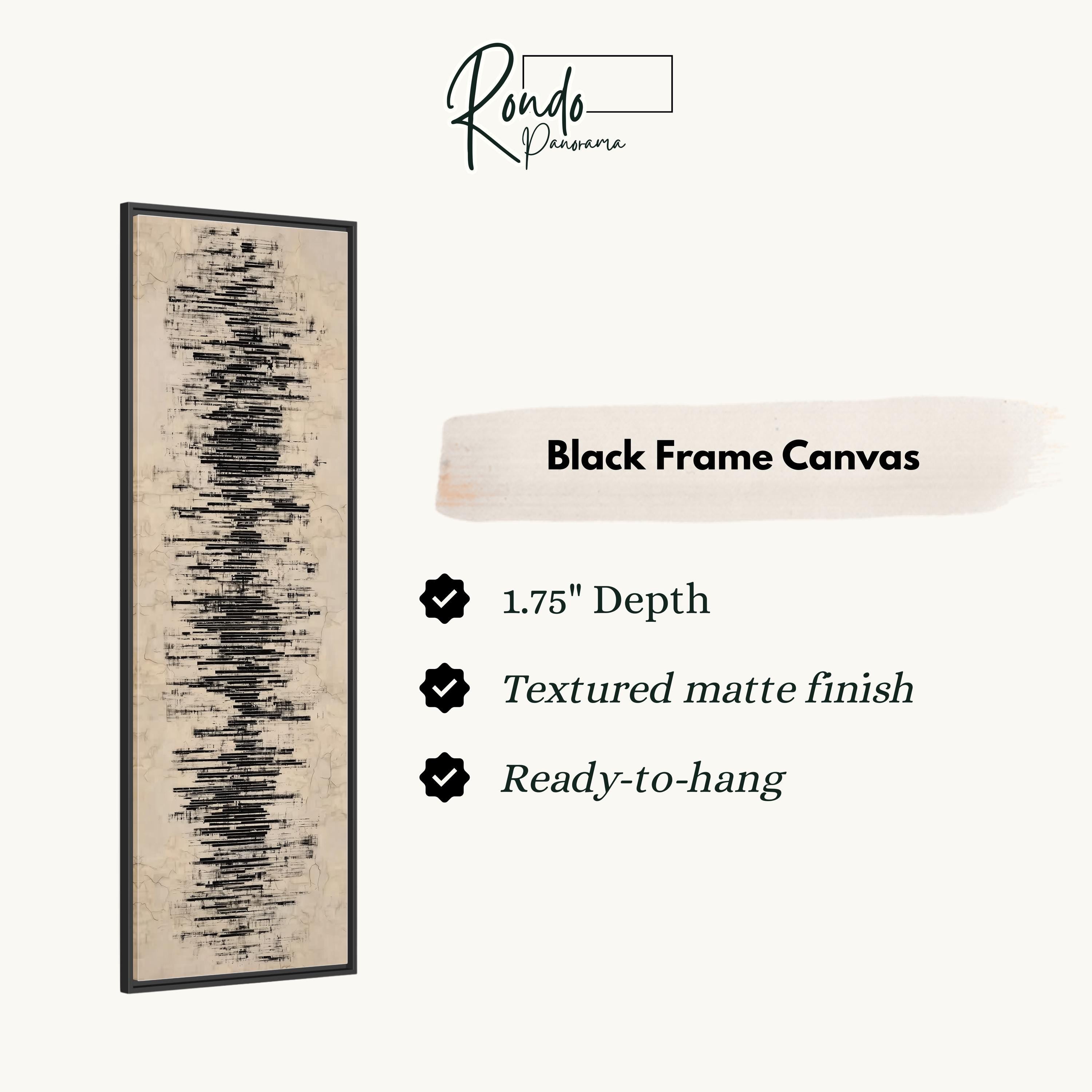 The image is a product description for a black frame canvas. It features a vertical black line design on a beige background, with text providing details about the product.