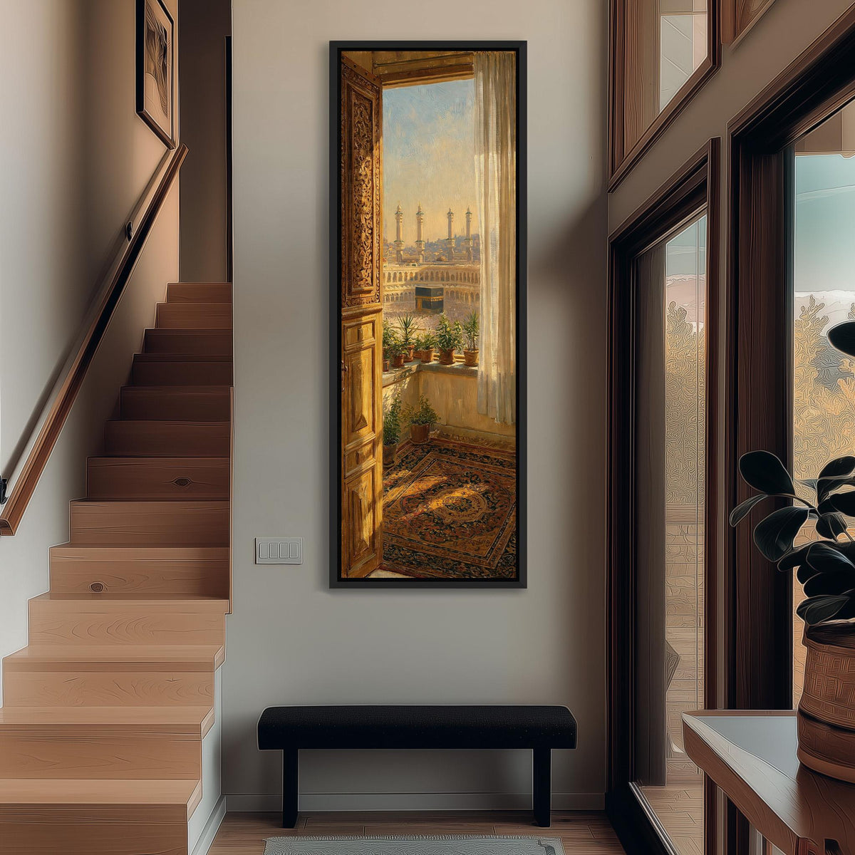 View of Mecca from an ornate window tall narrow canvas print beside a staircase in an entryway