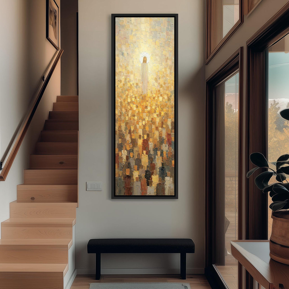 Jesus glowing above a golden crowd tall narrow canvas print beside a staircase in an entryway