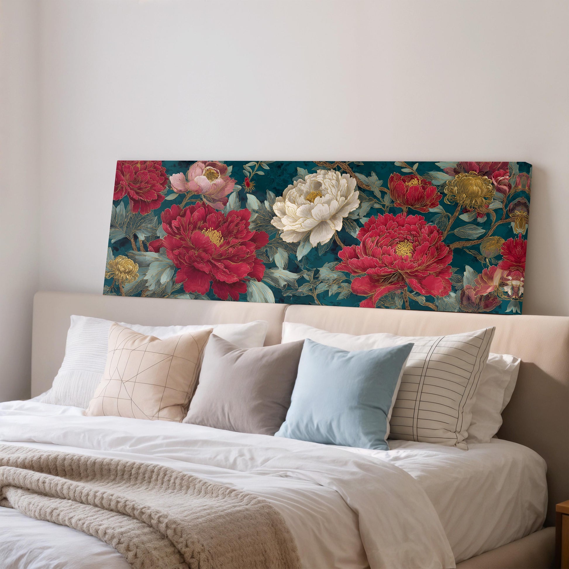 a large floral print on the wall above a bed with white pillows and a gray blanket.
