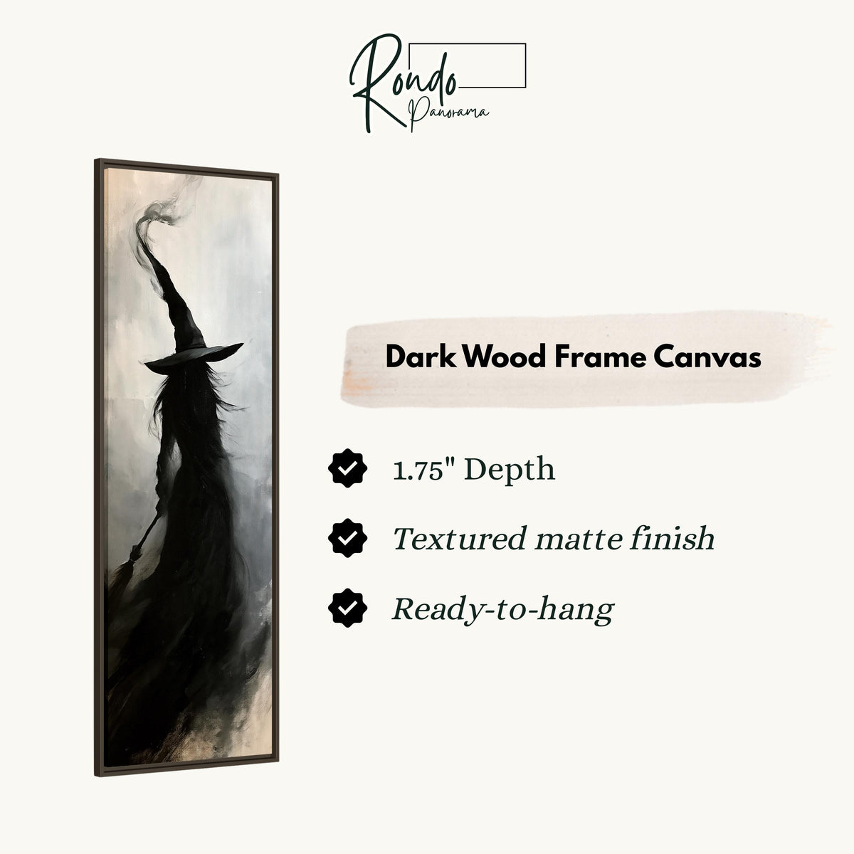 Witch silhouette with a tall hat in smoke canvas print in a dark wood floating frame