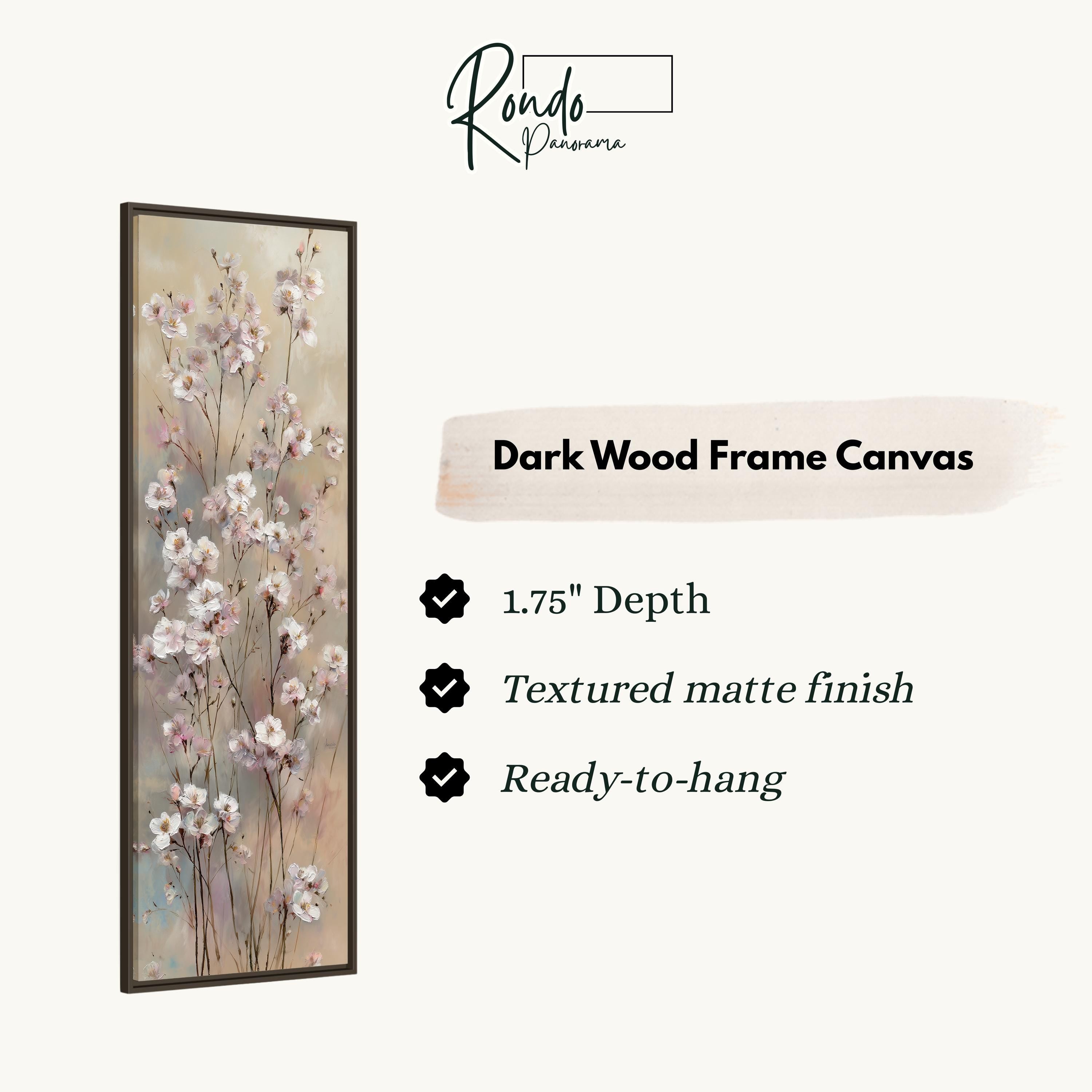 The image is a rectangular dark wood frame canvas with a floral design, featuring a variety of flowers in different sizes and colors.