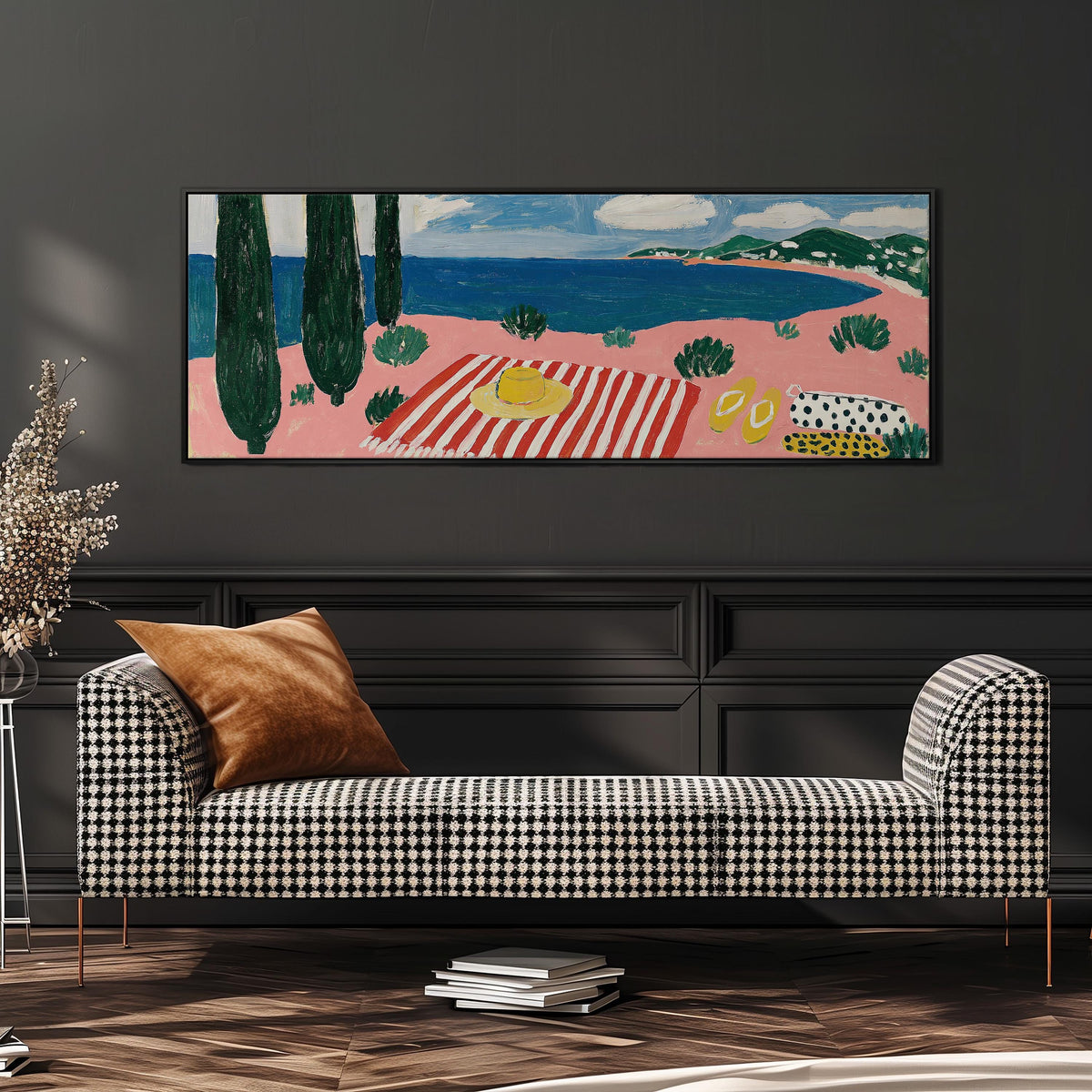 Mediterranean beach day with a striped towel wide panoramic canvas print above a bench in a dark living room