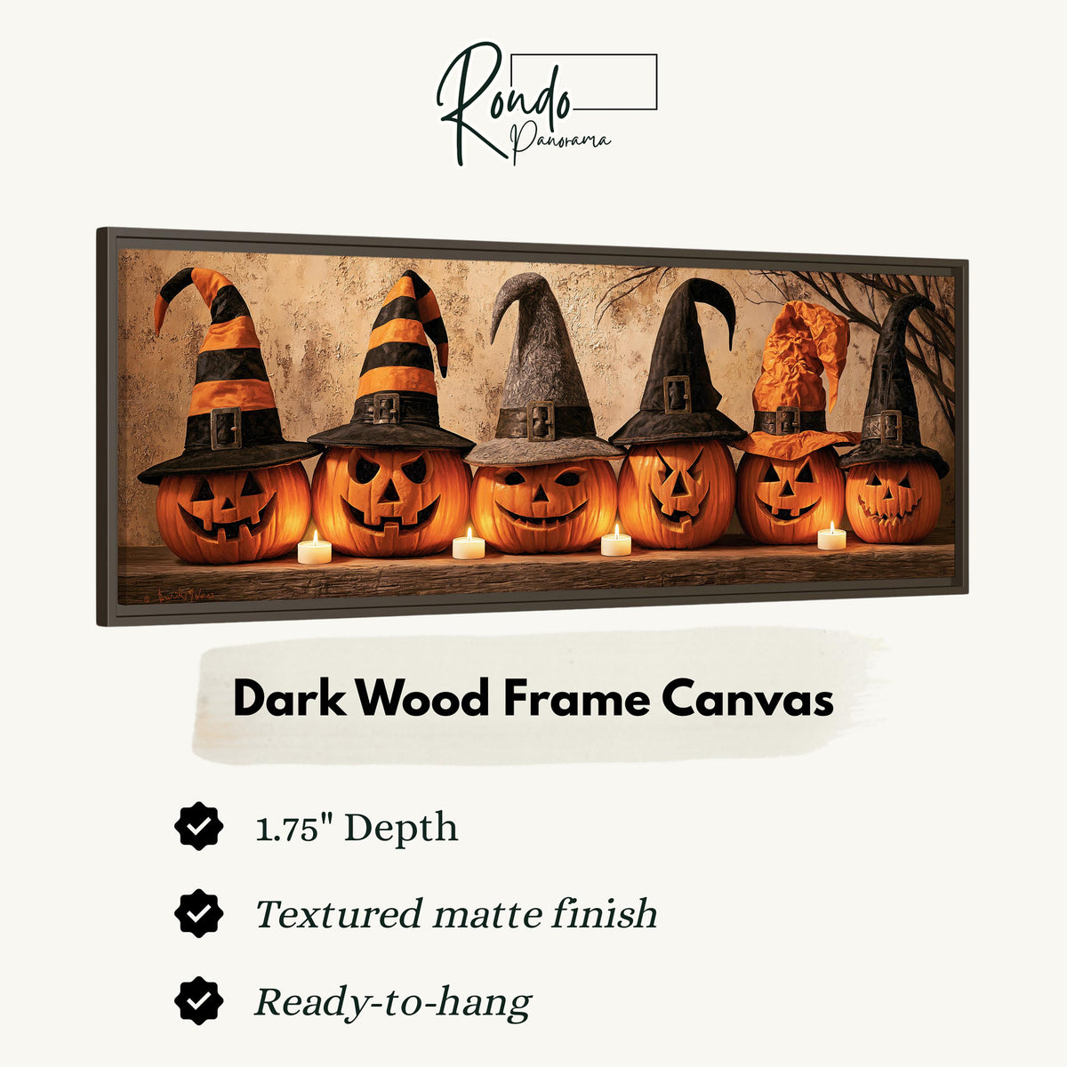 Jack-o'-lanterns wearing witch hats by candlelight canvas print in a dark wood floating frame