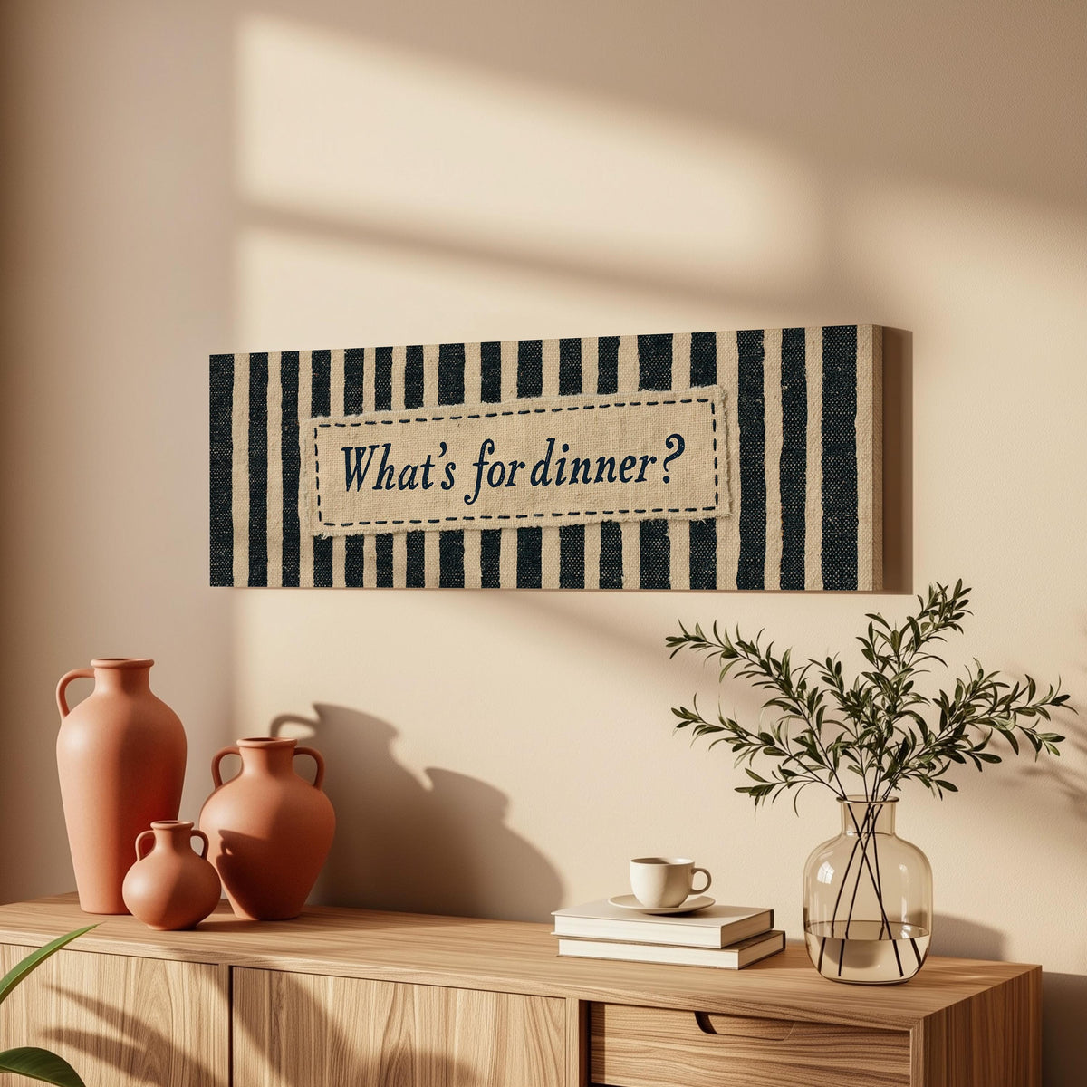 What's for dinner sign on black stripes long horizontal canvas print above a wooden sideboard