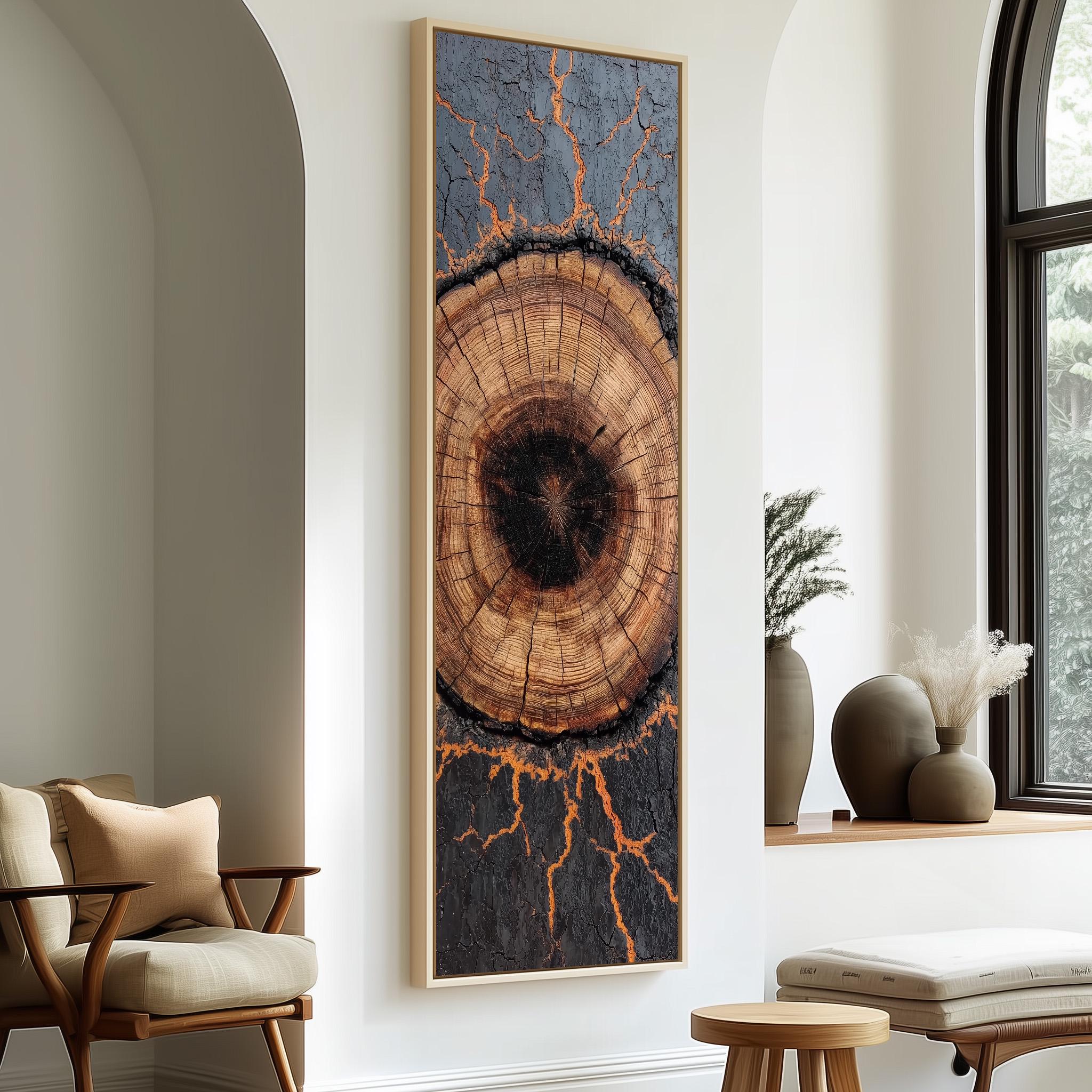 a large framed artwork depicting a tree stump with a striking pattern of orange and black lines, hanging on a white wall in a minimalist living room setting.