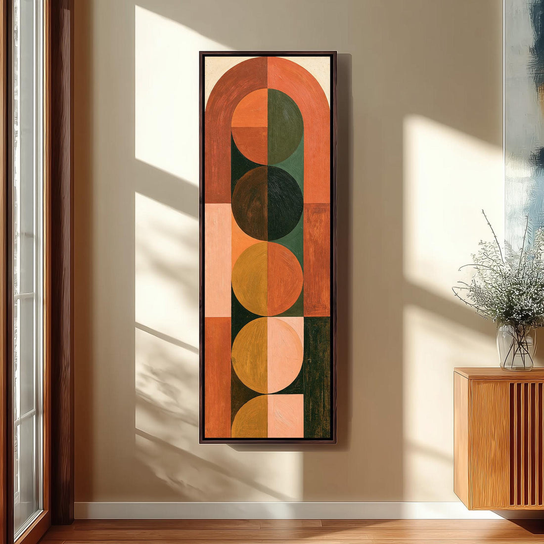 Arch and circle totem in terracotta and mustard long vertical canvas print in a sunlit living space