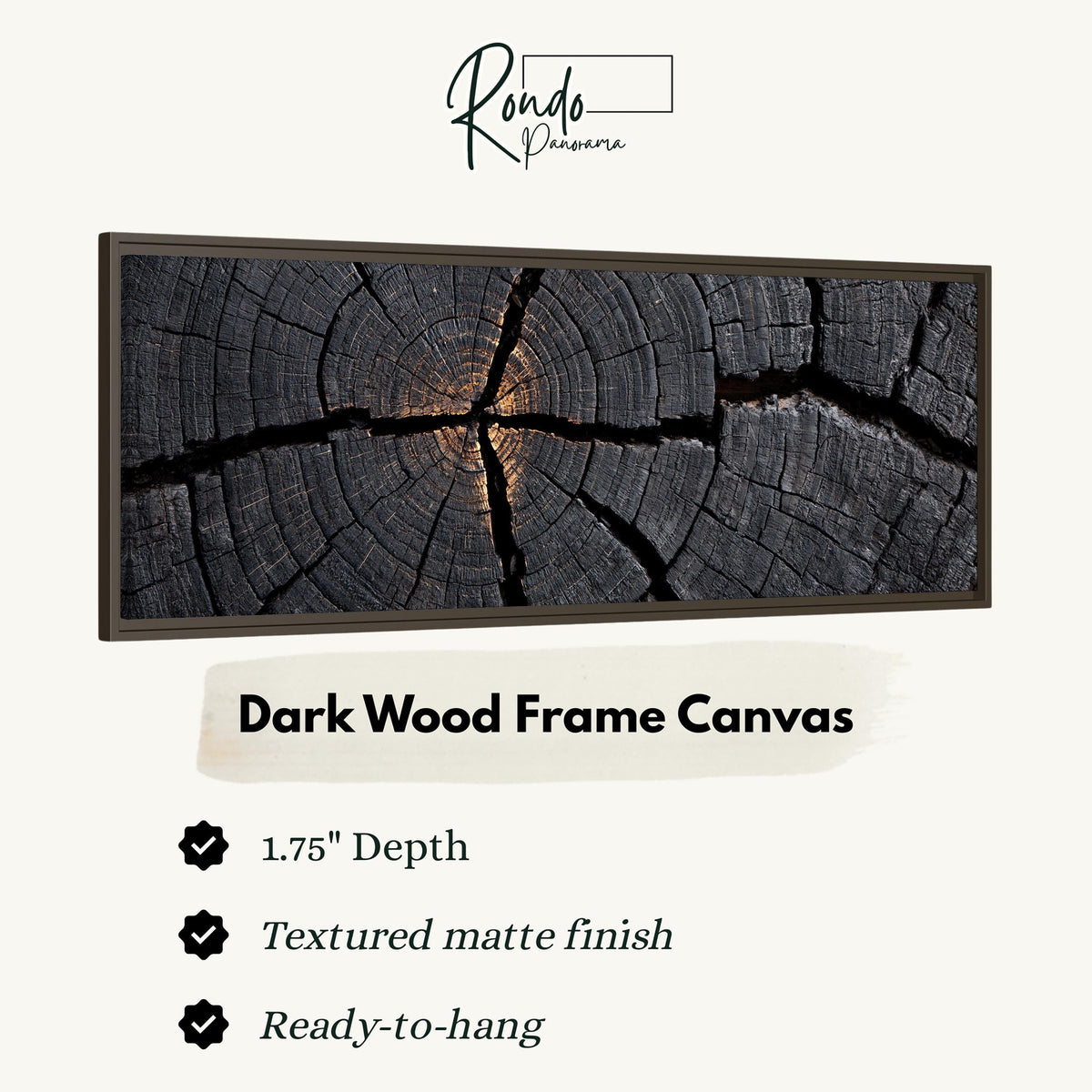 Charcoal tree ring cross section canvas print in a dark wood floating frame