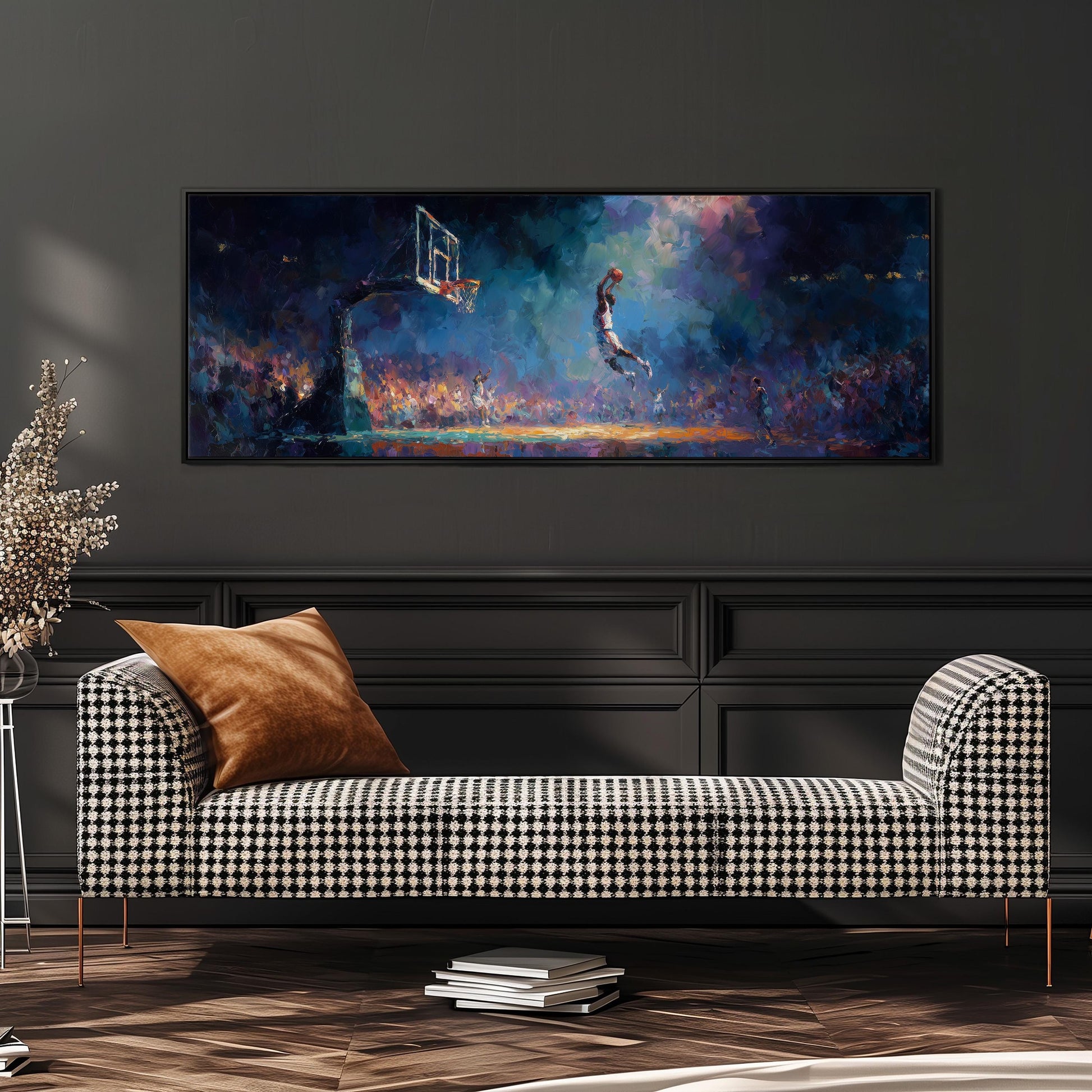 a large, colorful painting of a basketball game on a wall, with a player jumping in the air and a basketball hoop visible. The painting is framed and hangs above a black and white checkered sofa with a brown throw pillow.