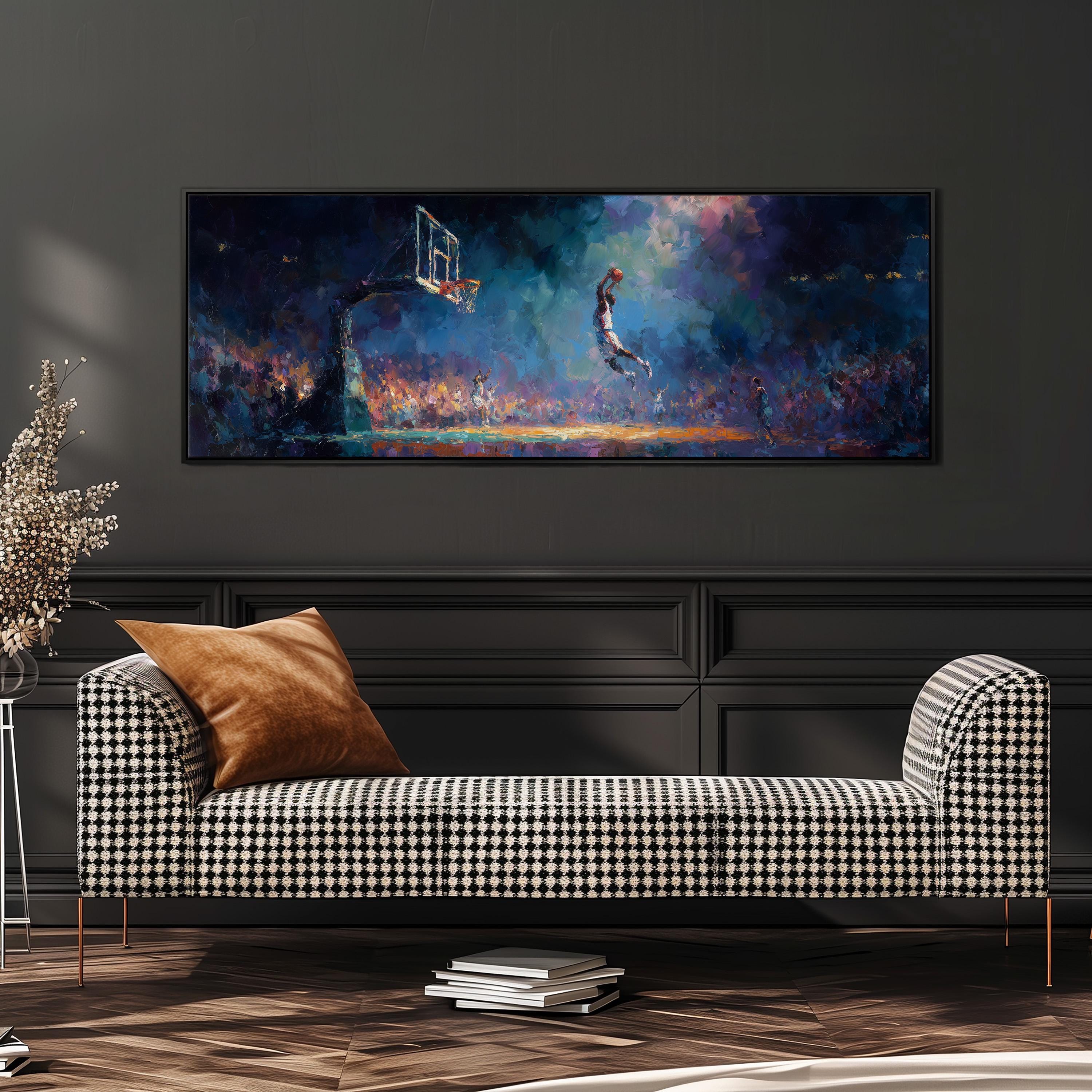 a large, colorful painting of a basketball game on a wall, with a player jumping in the air and a basketball hoop visible. The painting is framed and hangs above a black and white checkered sofa with a brown throw pillow.