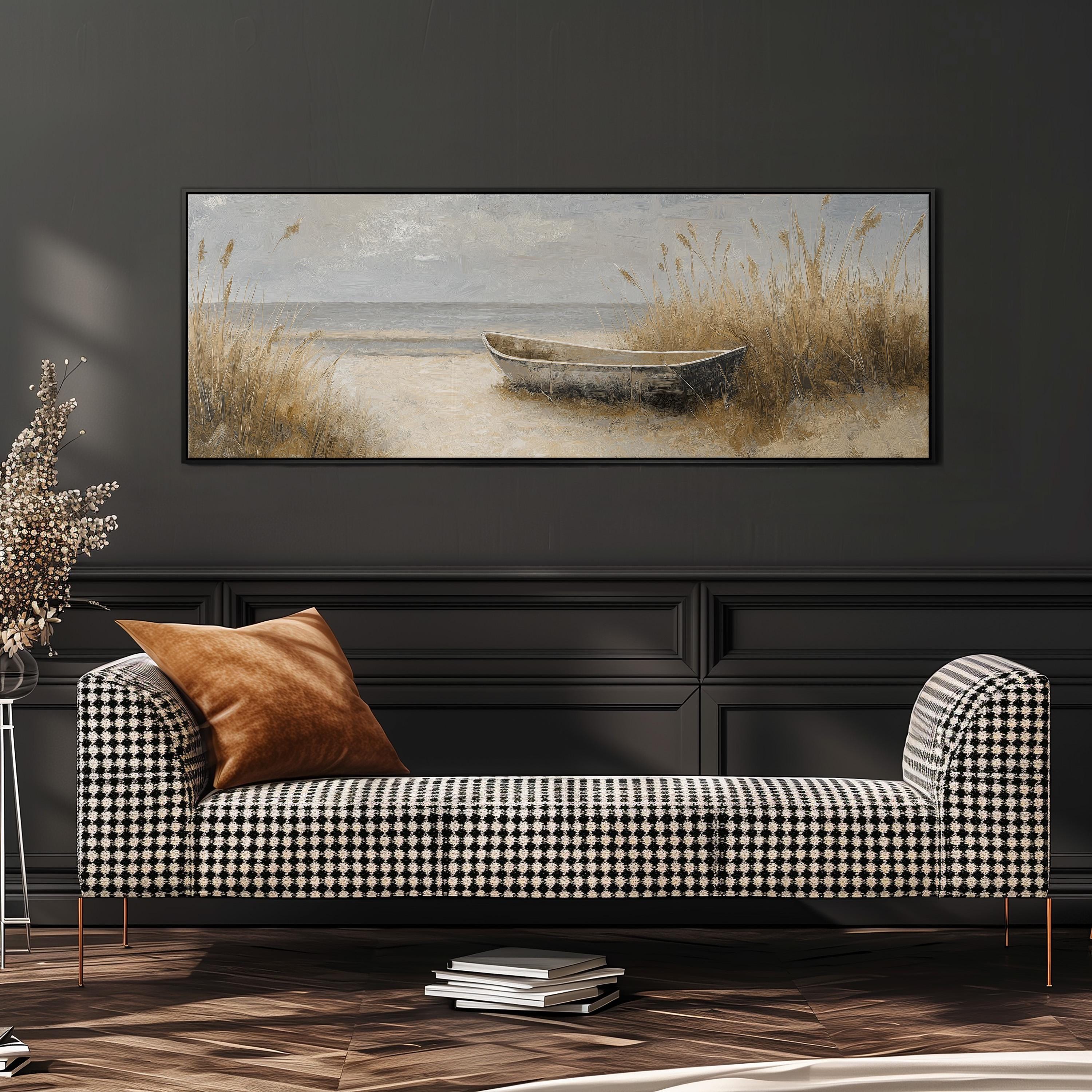 a black and white checkered sofa with a brown throw pillow, positioned in front of a large painting depicting a boat on a beach.