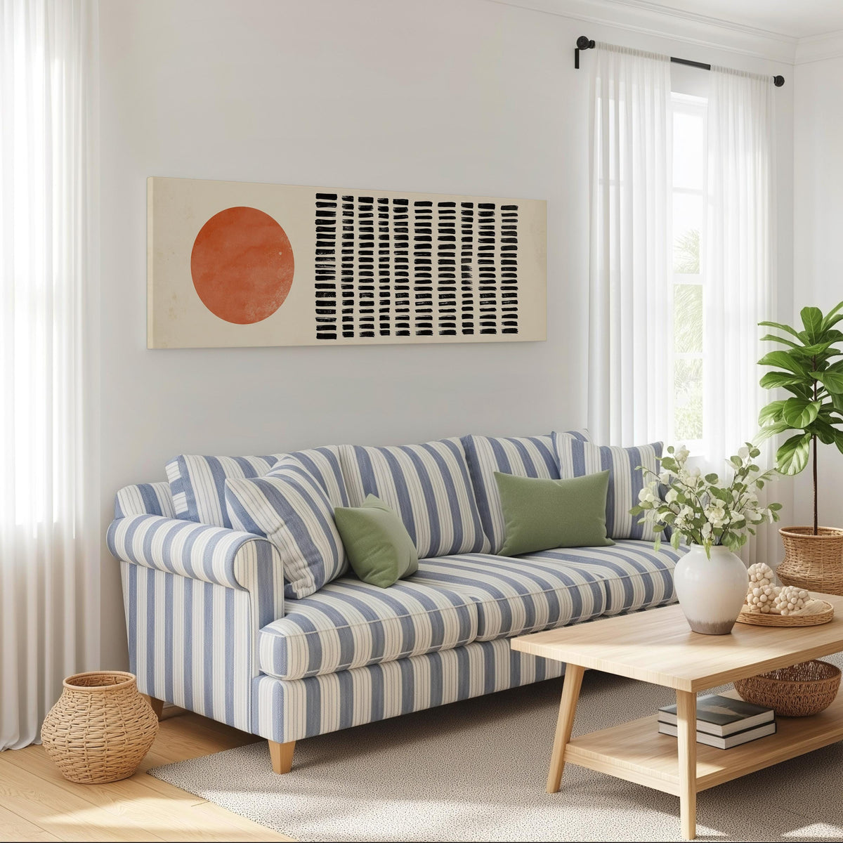 Orange sun beside rows of black dashes long horizontal canvas print above a striped sofa in a coastal living room