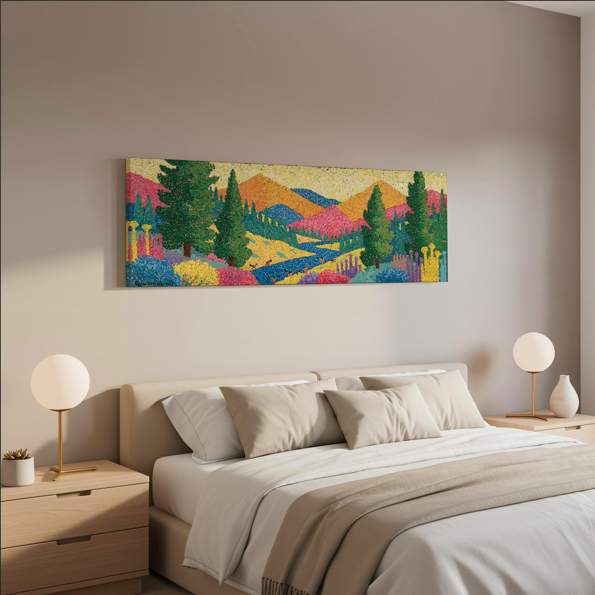 Colorful pine mountain valley wide panoramic canvas print above a bed in a neutral bedroom