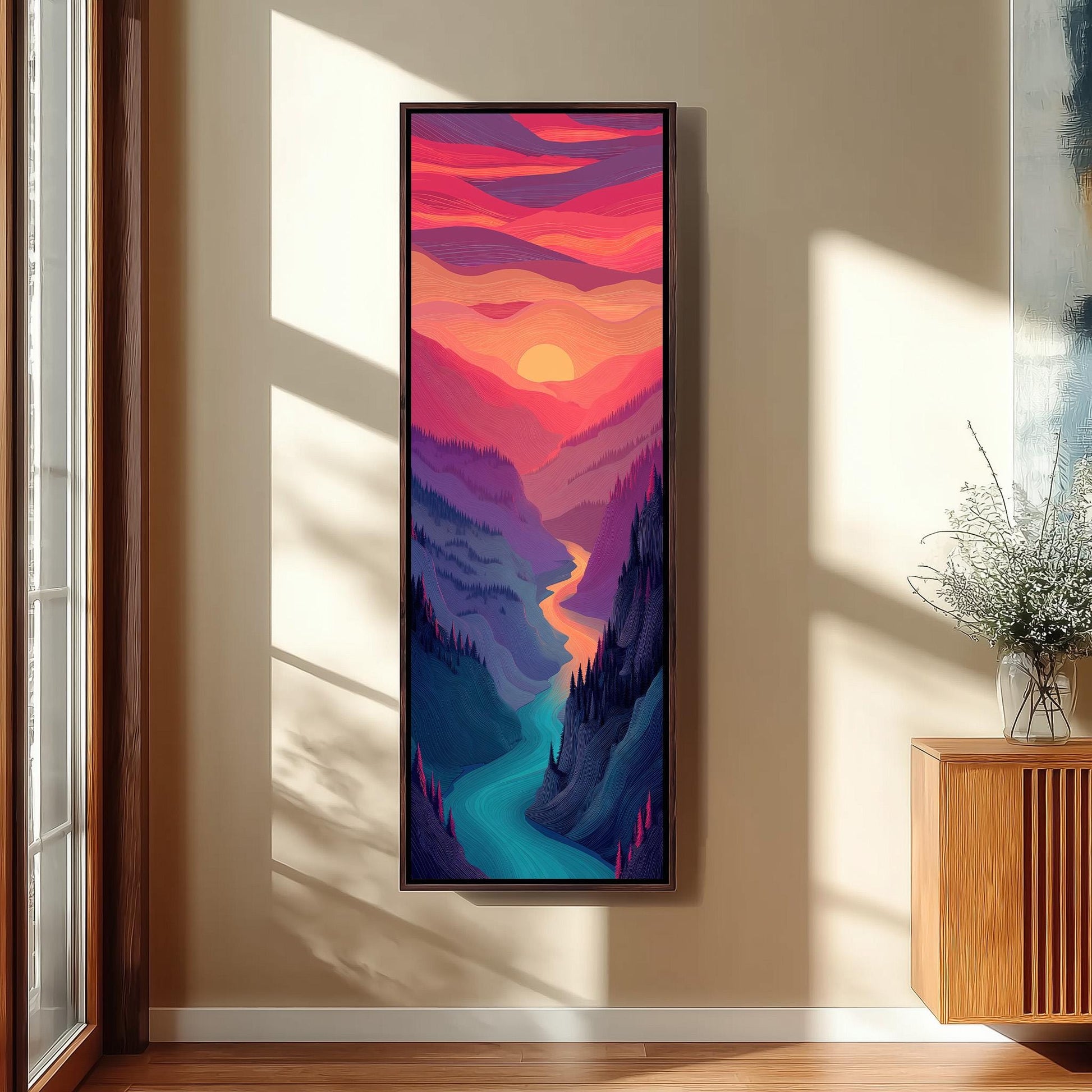 a large, colorful painting of a mountainous landscape with a winding river, hanging on a wall in a room with a window.
