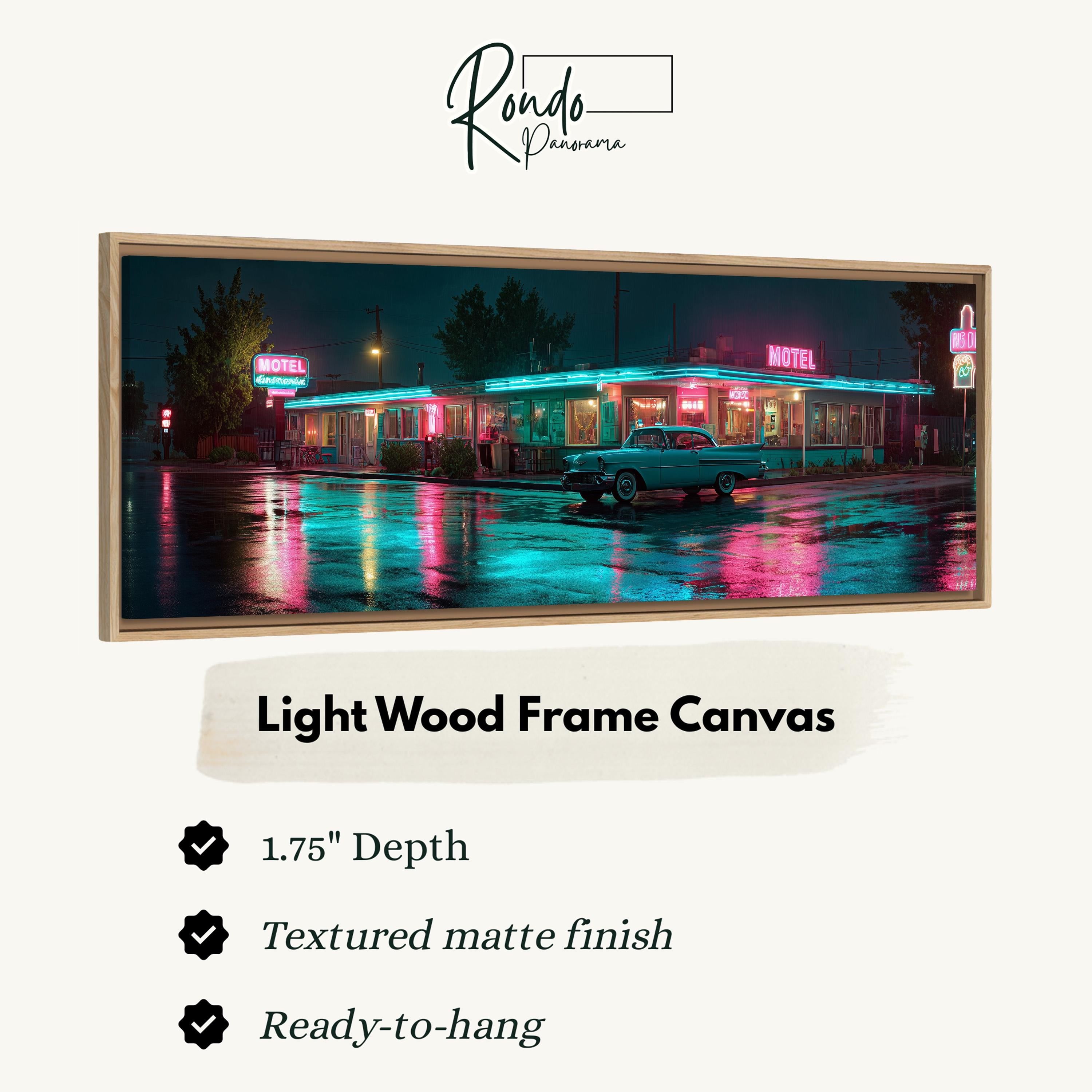 A framed image depicting a neon motel at night, with a car parked in front of it. The image has a 1.75" depth and is described as a light wood frame canvas with a textured matte finish and a ready-to-hang ready-to-hang feature.
