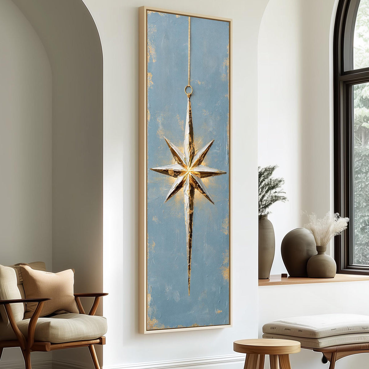 Gold and silver star ornament on blue long vertical canvas print in a sunlit living space