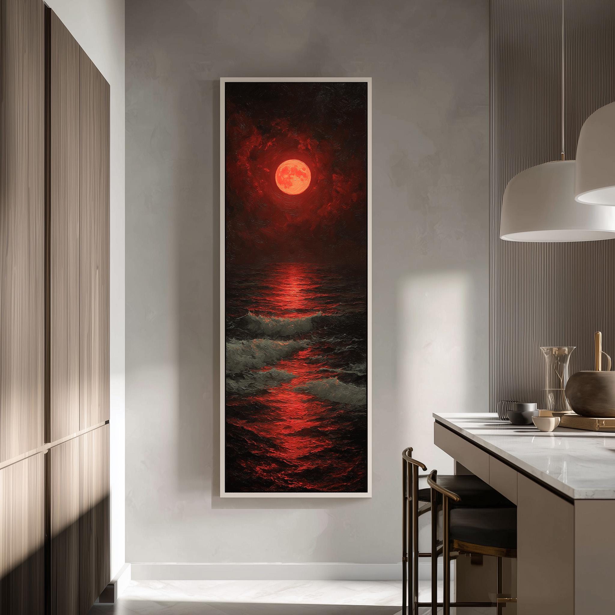 Tall Narrow Blood Red Moon - Long Vertical Seascape Painting