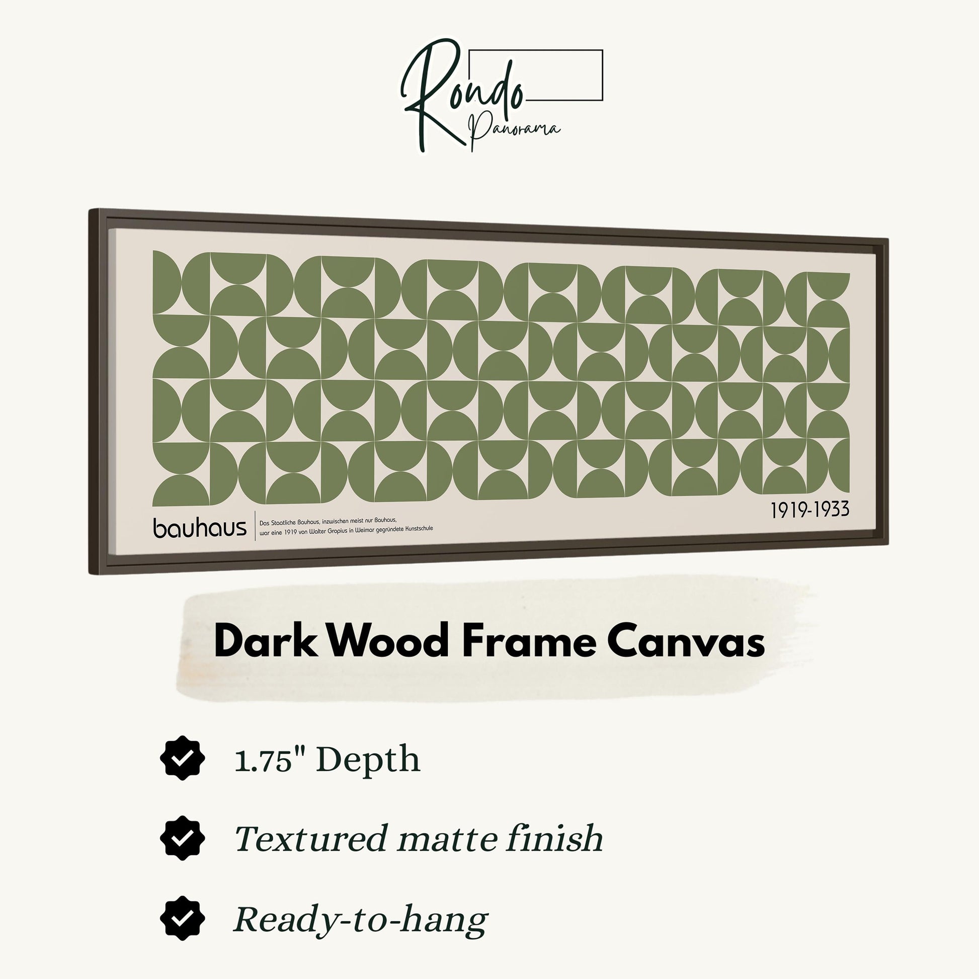 The image is a dark wood frame canvas with a geometric pattern, and it is described as a 1.75" depth canvas with a textured matte finish and a ready-to-hang feature.
