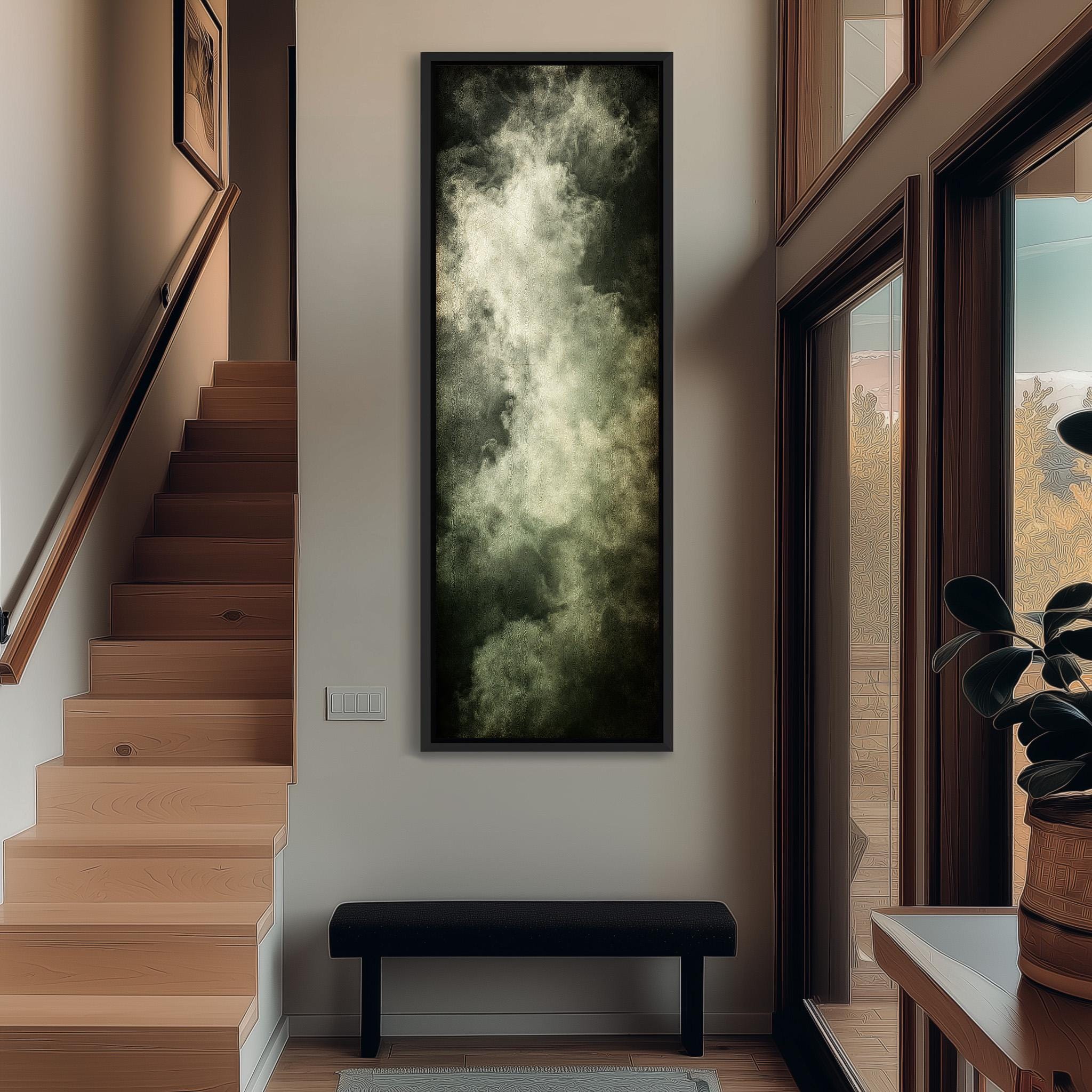 a modern interior with a large window, a wooden staircase, and a black bench. The wall features a large painting of a cloudy sky, and there is a plant in a pot on the right side of the image.