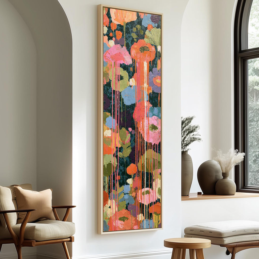 Poppy blooms with drips long vertical canvas print in a sunlit living space