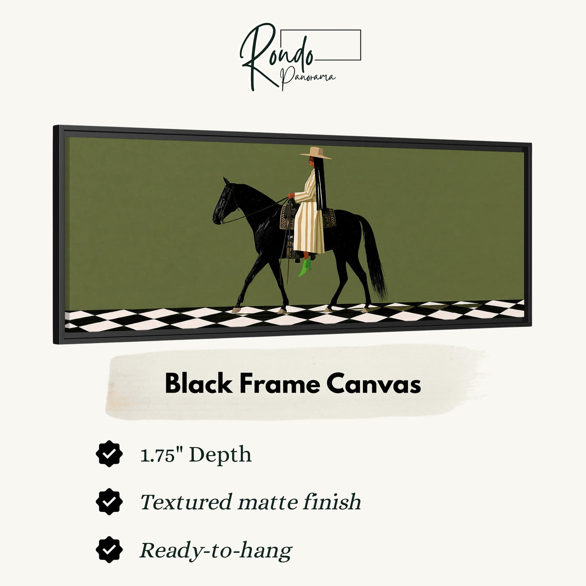 Woman riding a black horse on a checkerboard canvas print in a black floating frame
