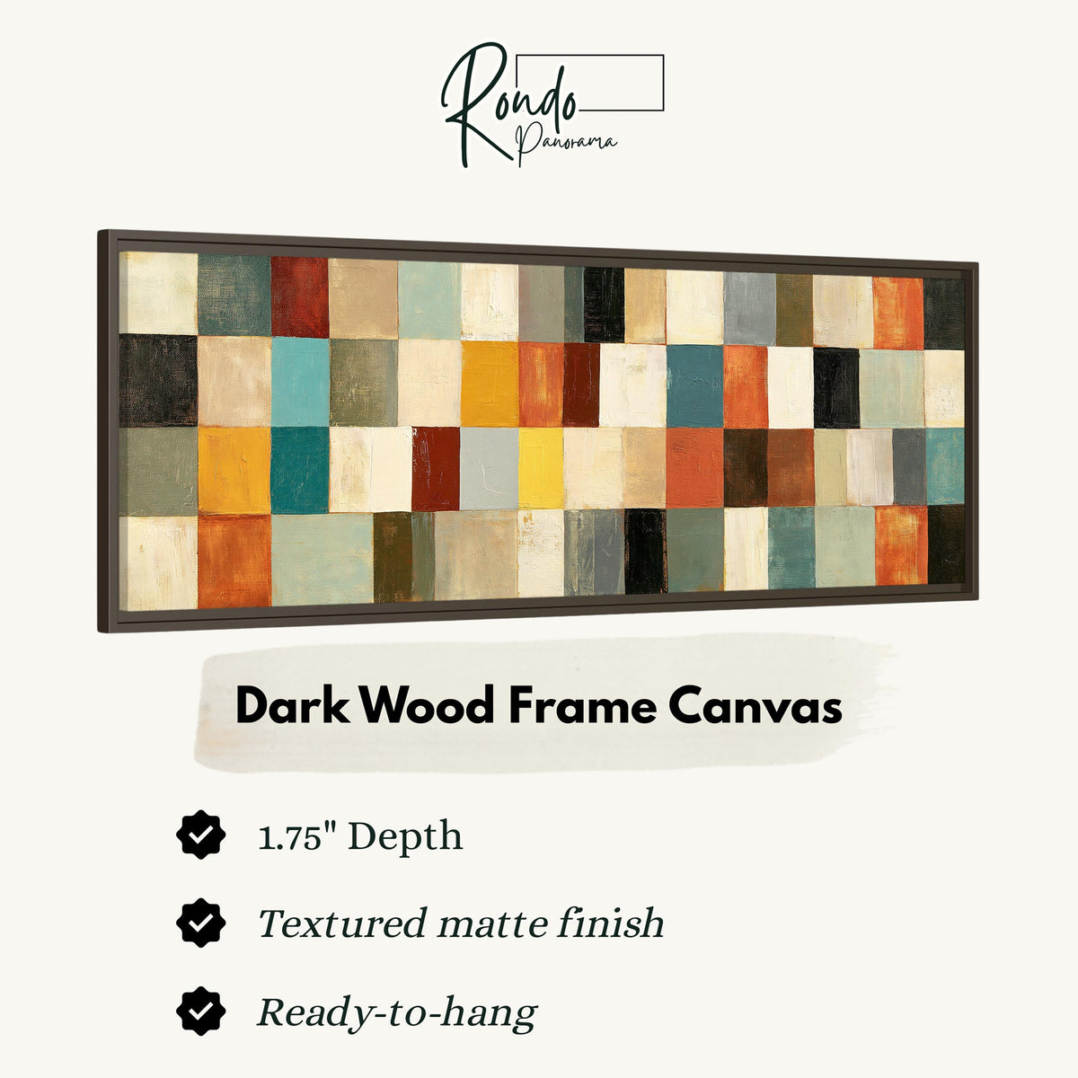 Colorful checkerboard mosaic grid canvas print in a dark wood floating frame