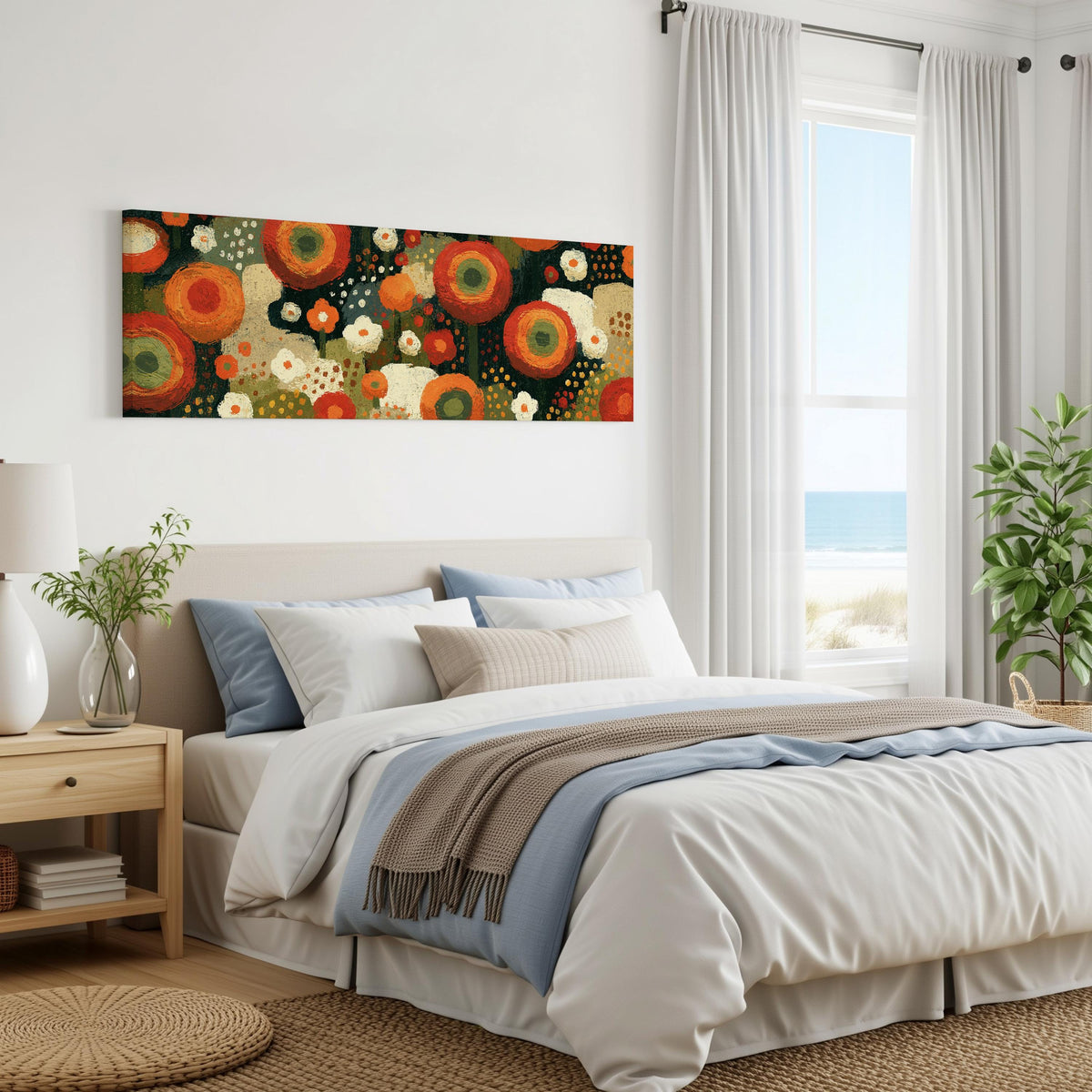 Concentric poppy rings panoramic canvas print above a bed in a coastal bedroom