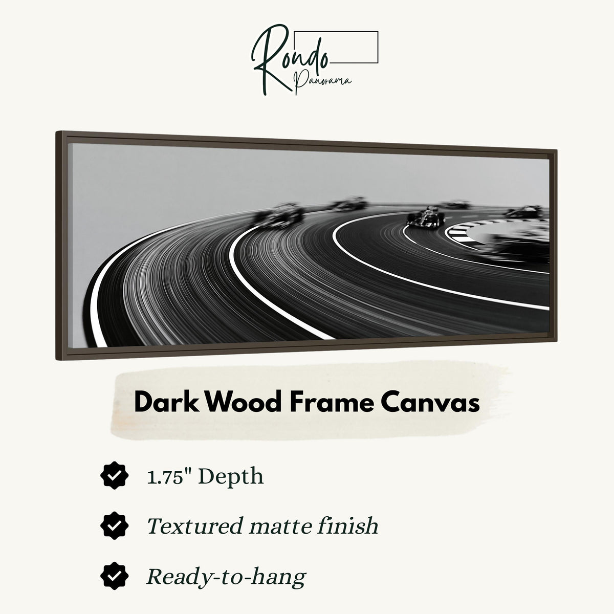 Race cars sweeping around a curve in black and white canvas print in a dark wood floating frame