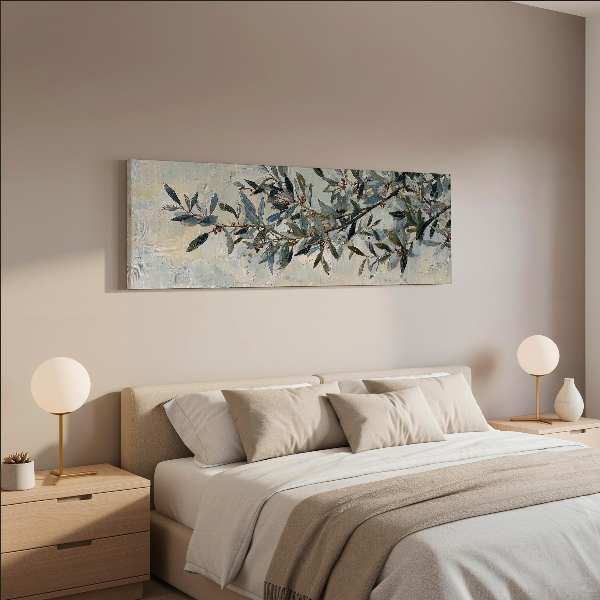 a serene and modern bedroom with a large bed adorned with white linens and beige throw pillows. Above the bed, a large painting of a tree branch with green leaves and branches hangs on the wall, adding a touch of nature to the room's decor. The room is well-lit, with two round table lamps on either side of the bed providing a warm and inviting ambiance.