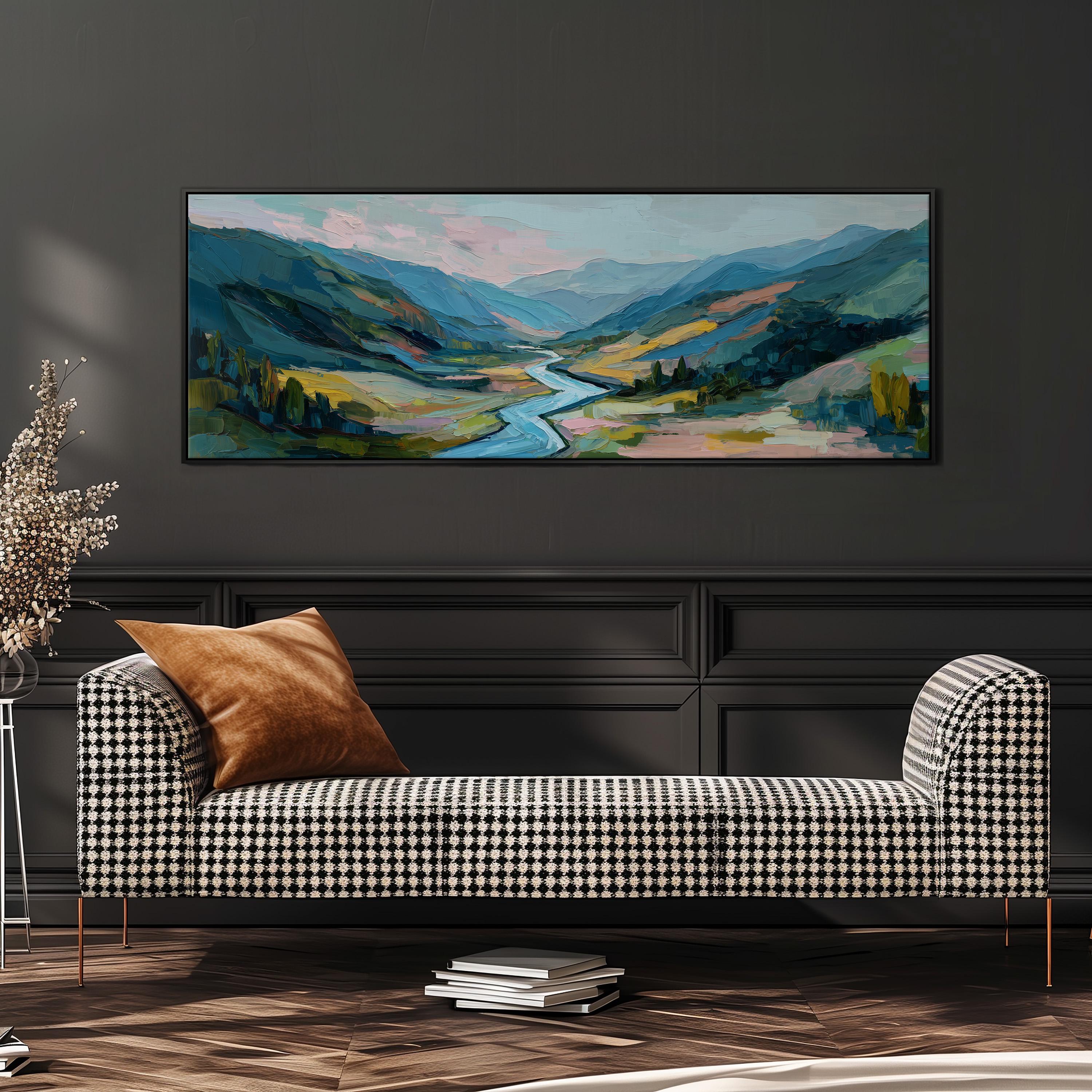 a large landscape painting hanging on a wall above a black and white checkered sofa with a brown throw pillow.