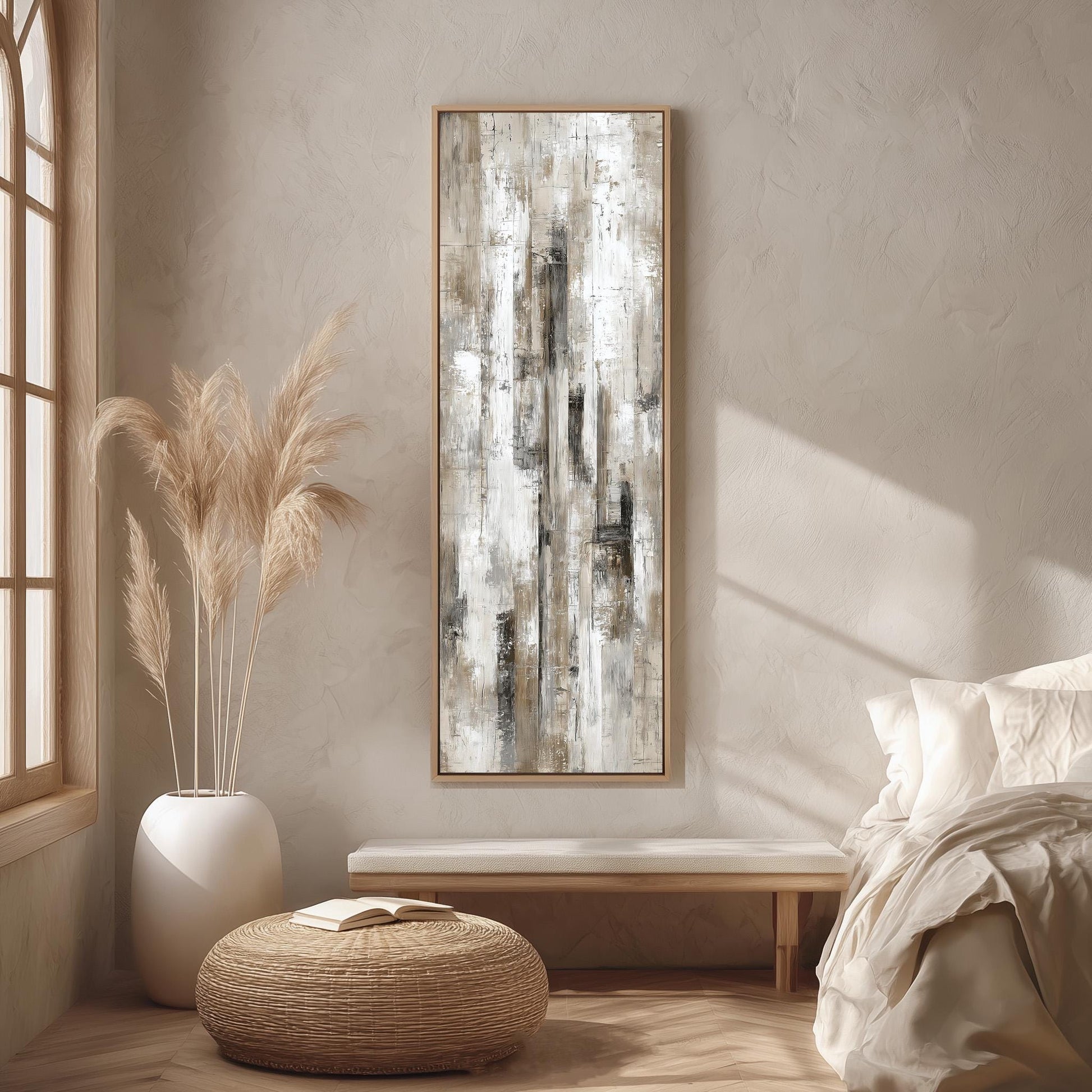 a serene and minimalist bedroom interior, featuring a large abstract painting on the wall, a white bed with a white pillow, a white wicker ottoman, and a tall potted plant with long, feathery branches.
