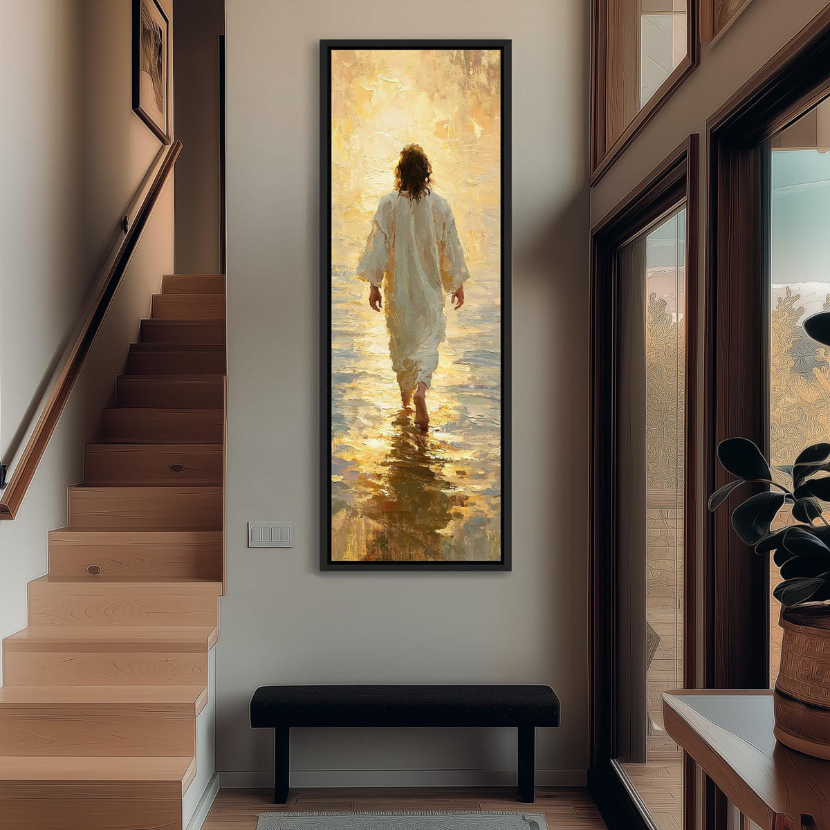 Jesus walking into golden light over water tall narrow canvas print beside a staircase in an entryway