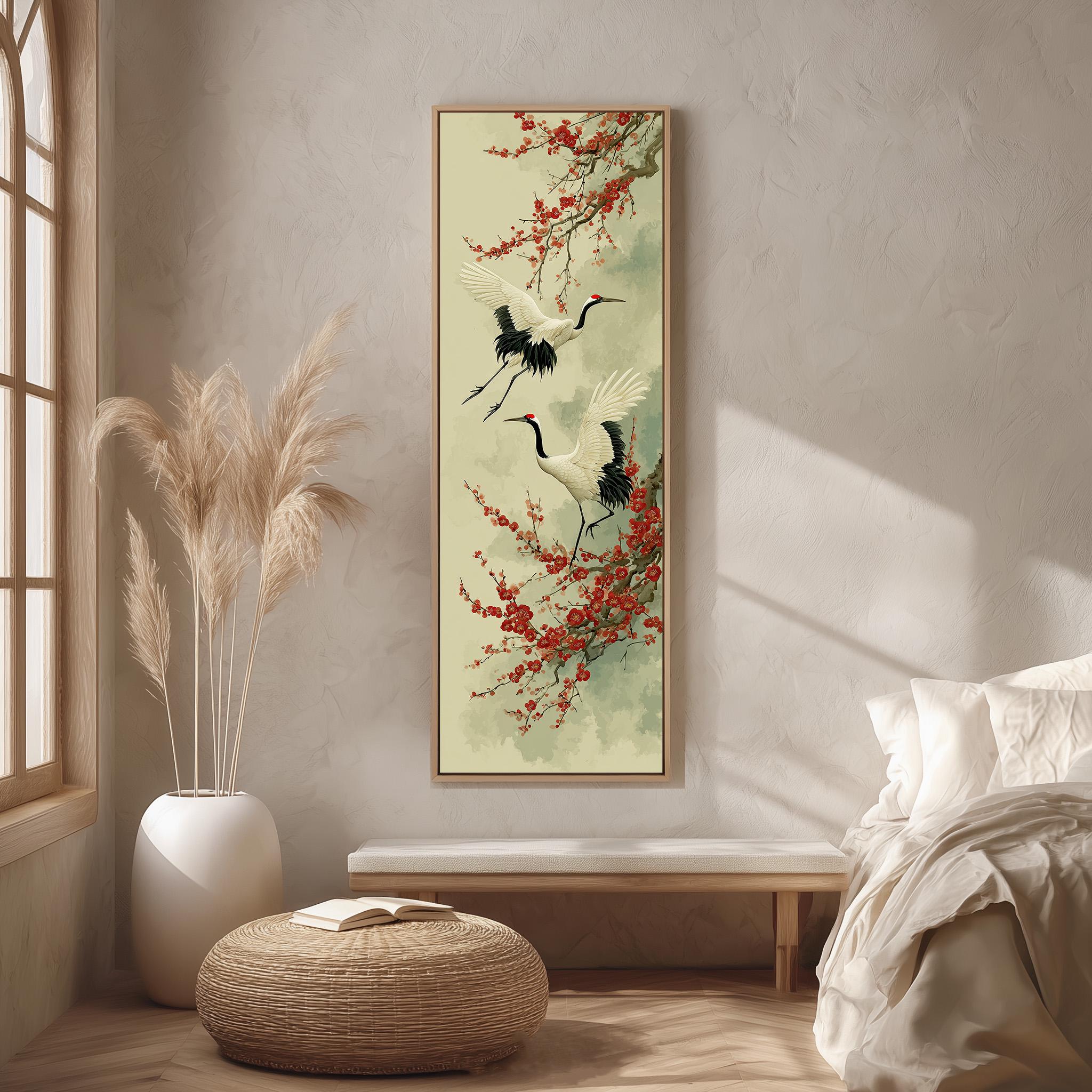 a serene and minimalist bedroom setting with a large framed painting of two cranes in flight hanging on the wall. The painting is surrounded by a white vase filled with tall, light-colored reeds, and a woven ottoman is placed in front of the painting. The room has a clean, uncluttered appearance with a bed and a window providing natural light.