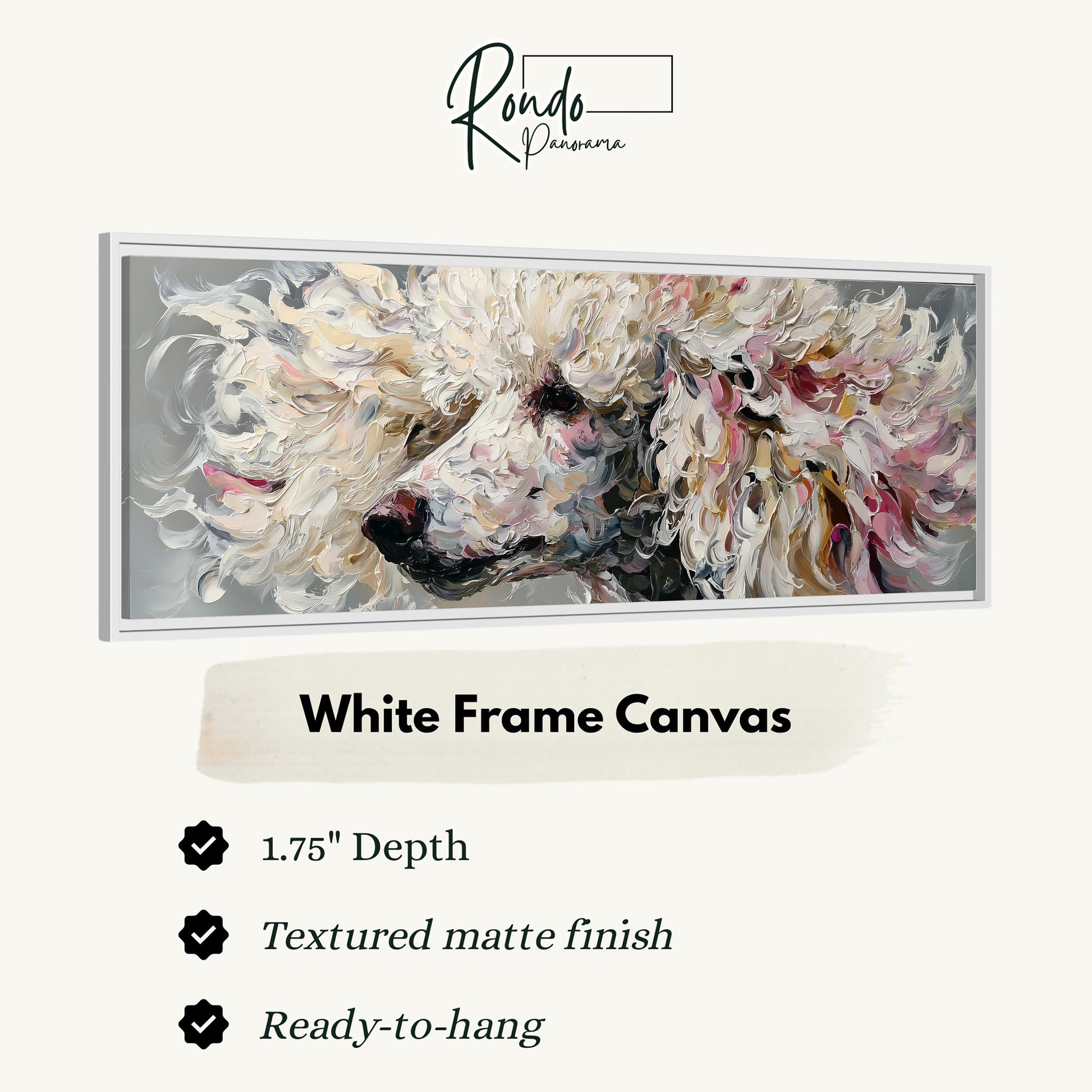The image is a close-up of a white frame canvas depicting a large, fluffy white dog.