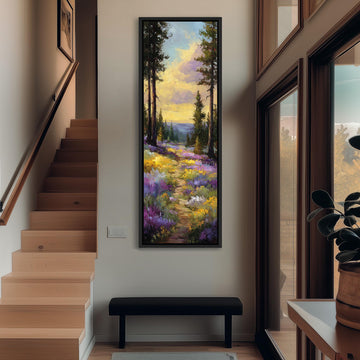 a large painting of a colorful forest scene hanging on the wall of a hallway.