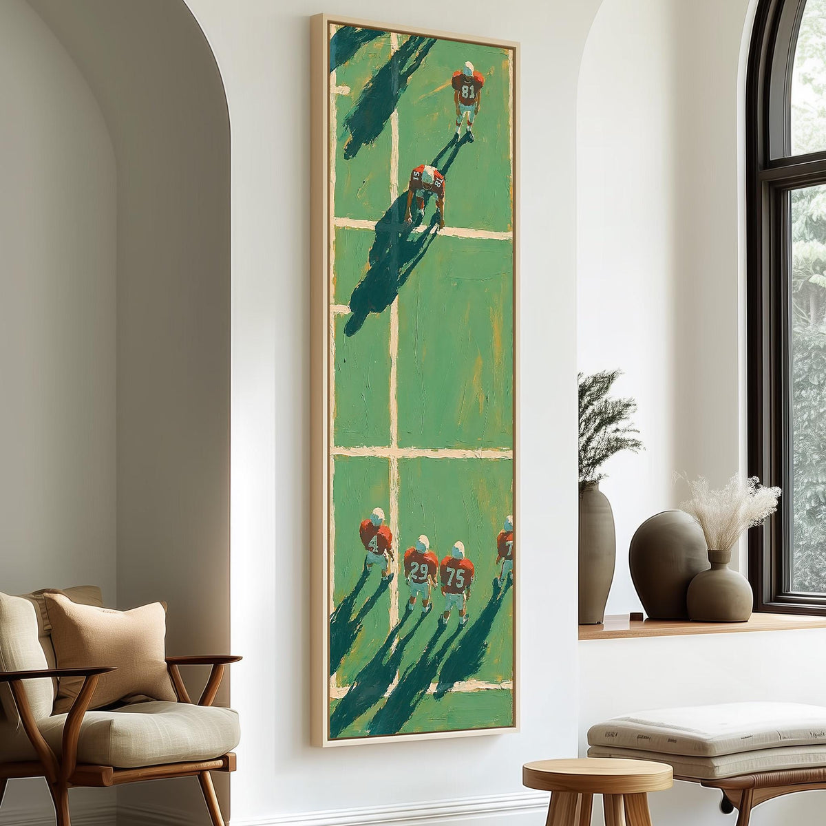 American football players on a field seen from above tall skinny canvas print in a sunlit living space