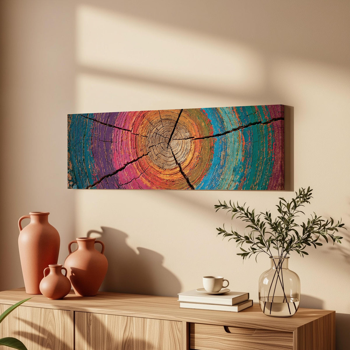 Rainbow tree ring long horizontal canvas print above a wooden sideboard