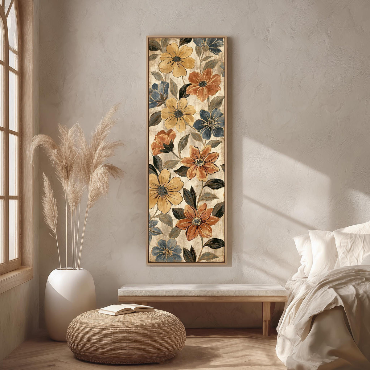 Gold and blue floral pattern long vertical canvas print in a bright reading corner