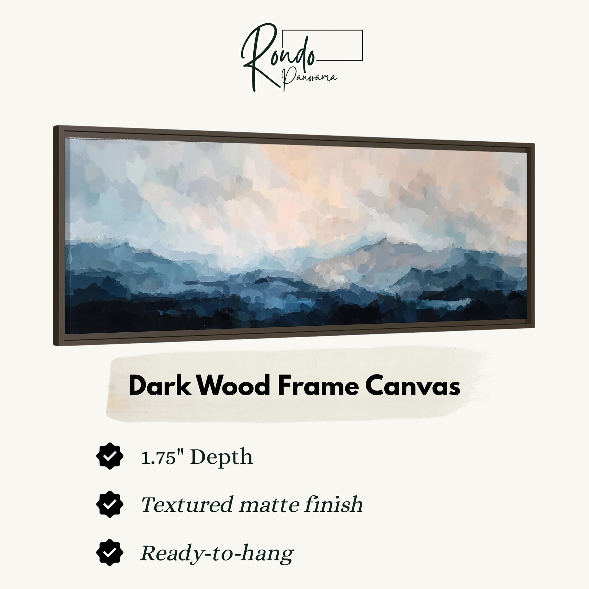 The image is a framed artwork depicting a landscape with mountains and a cloudy sky.