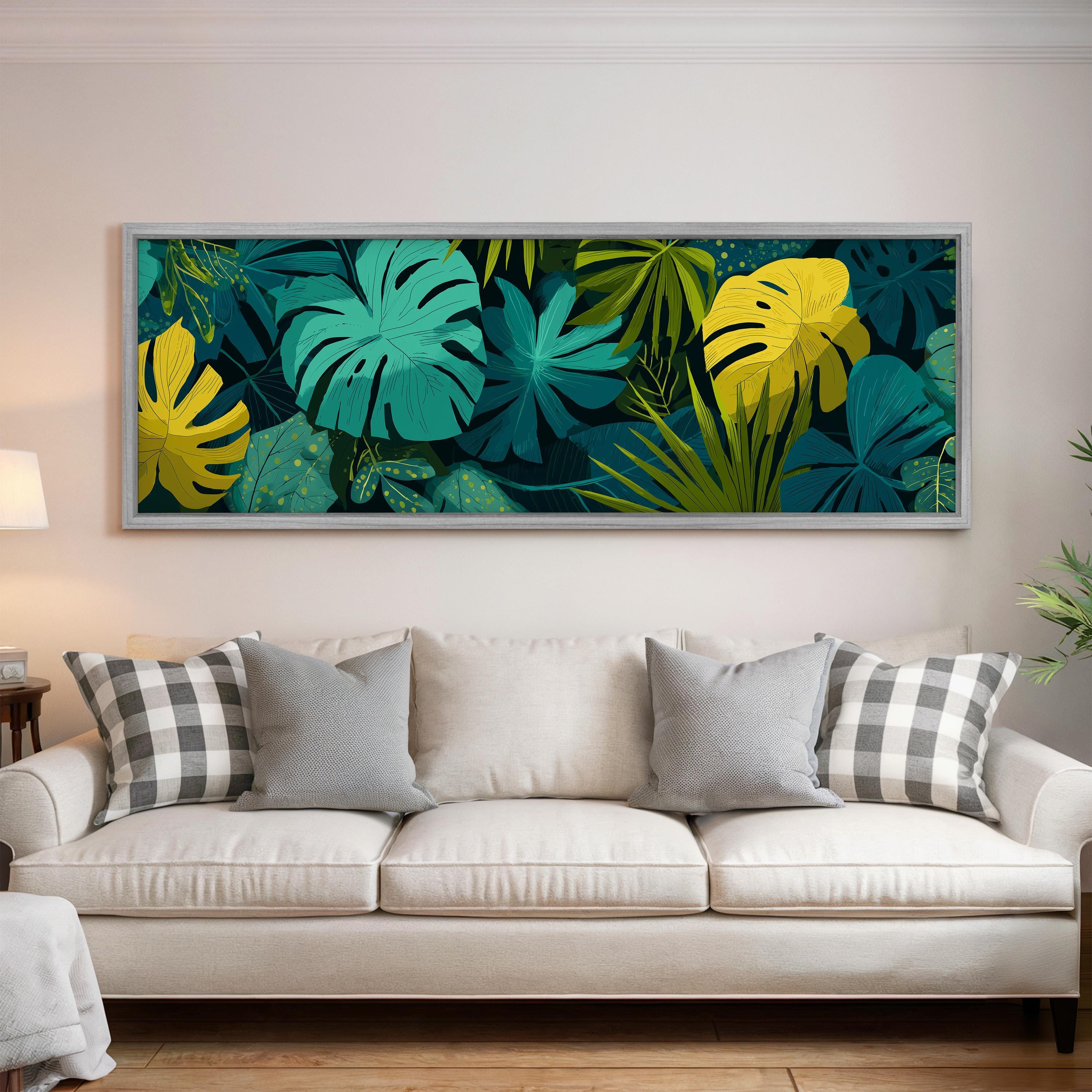 a large, colorful painting of tropical plants hanging on a wall above a white couch in a living room.