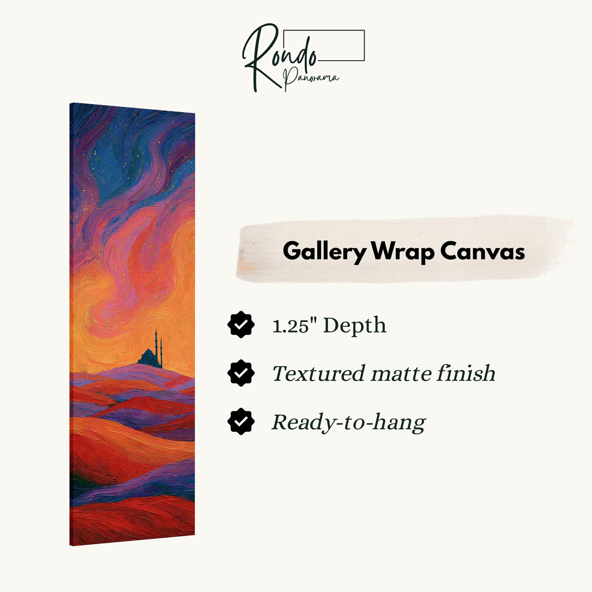 Mosque silhouette under a swirling sunset sky gallery wrap canvas with the image wrapped around the edges