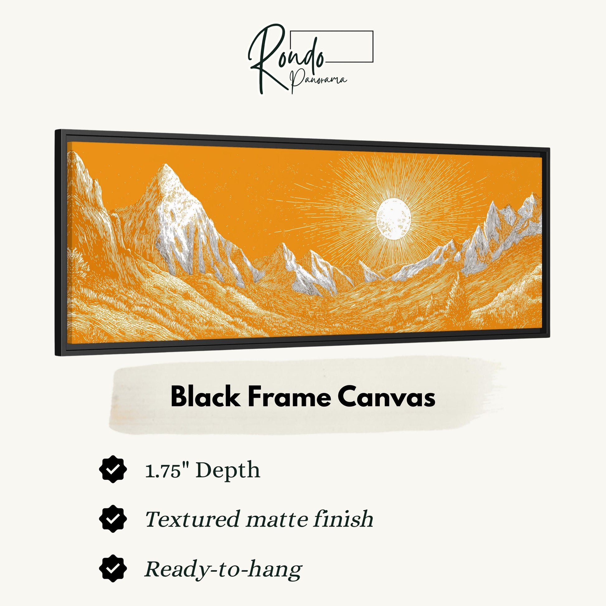 The image is a black frame canvas depicting a mountain landscape with a sun shining in the background.