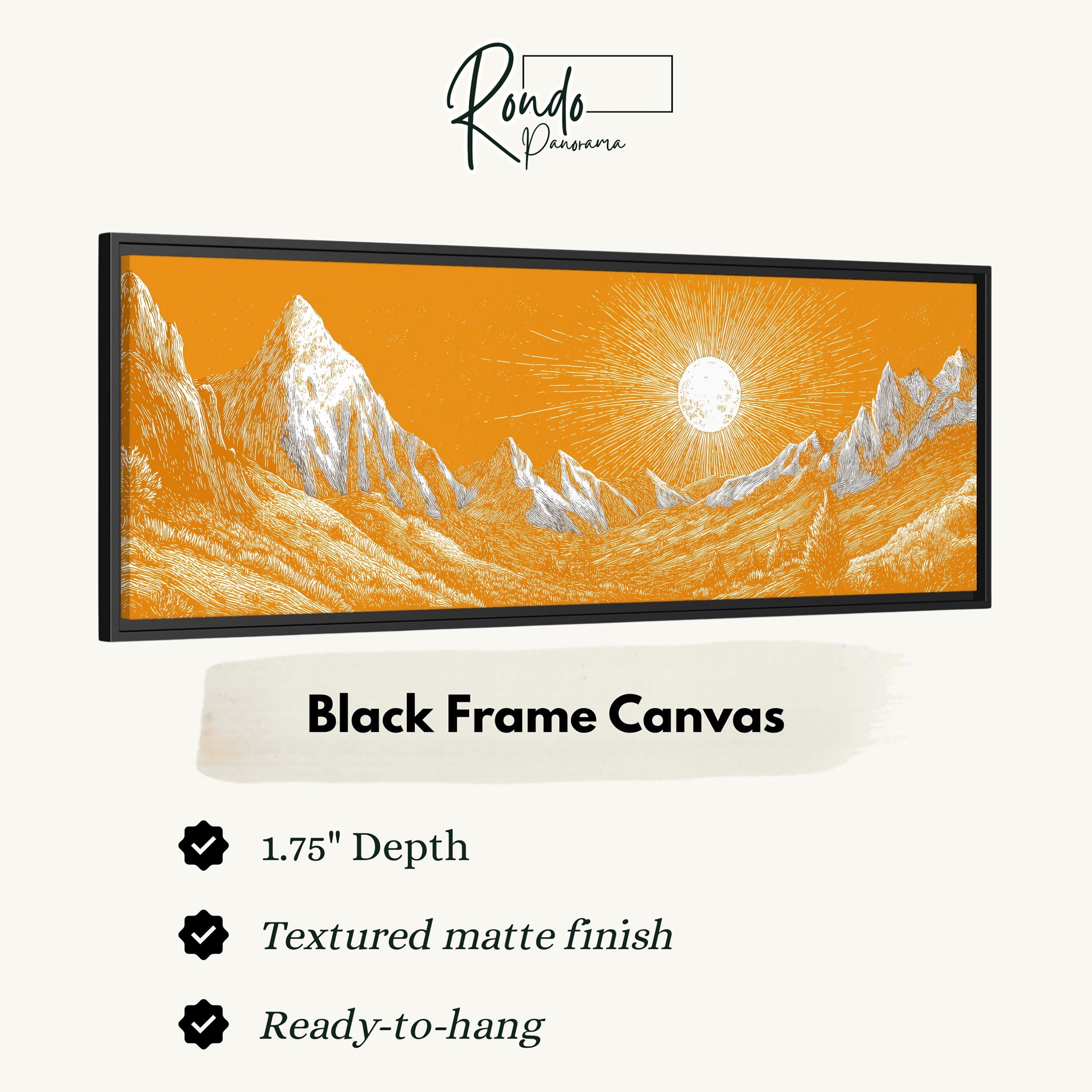 The image is a black frame canvas depicting a mountain landscape with a sun shining in the background.