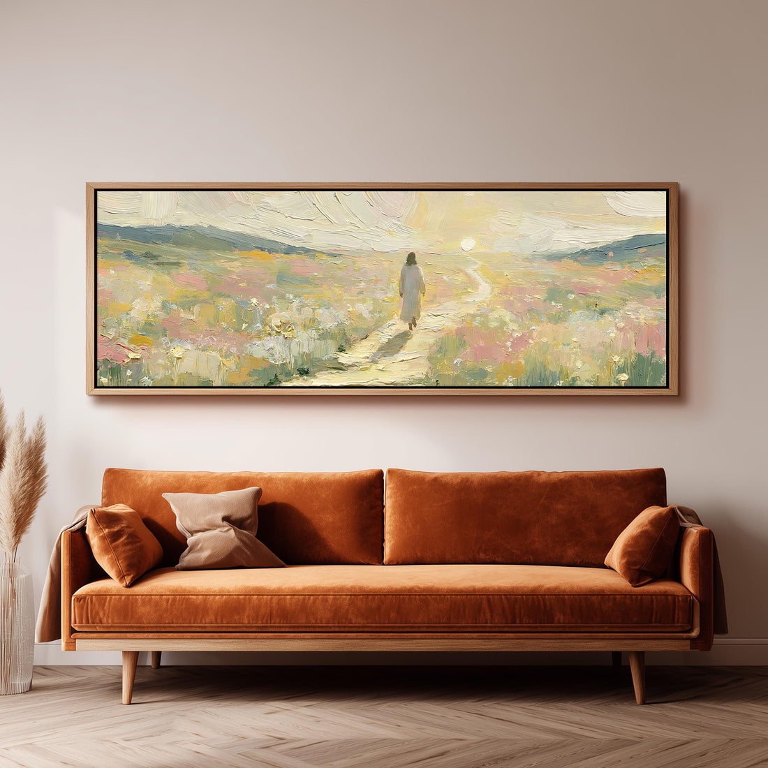 Jesus walking a pastel meadow path long horizontal canvas print above a sofa in a living room