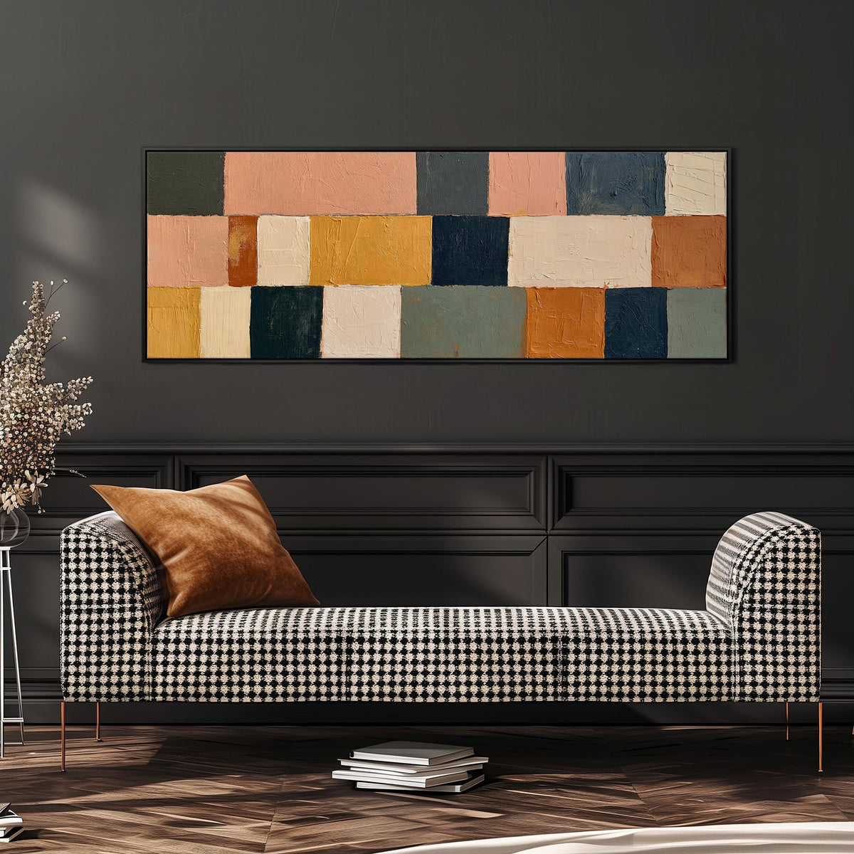 Mustard, sage, blush and navy patchwork wide panoramic canvas print above a bench in a dark living room