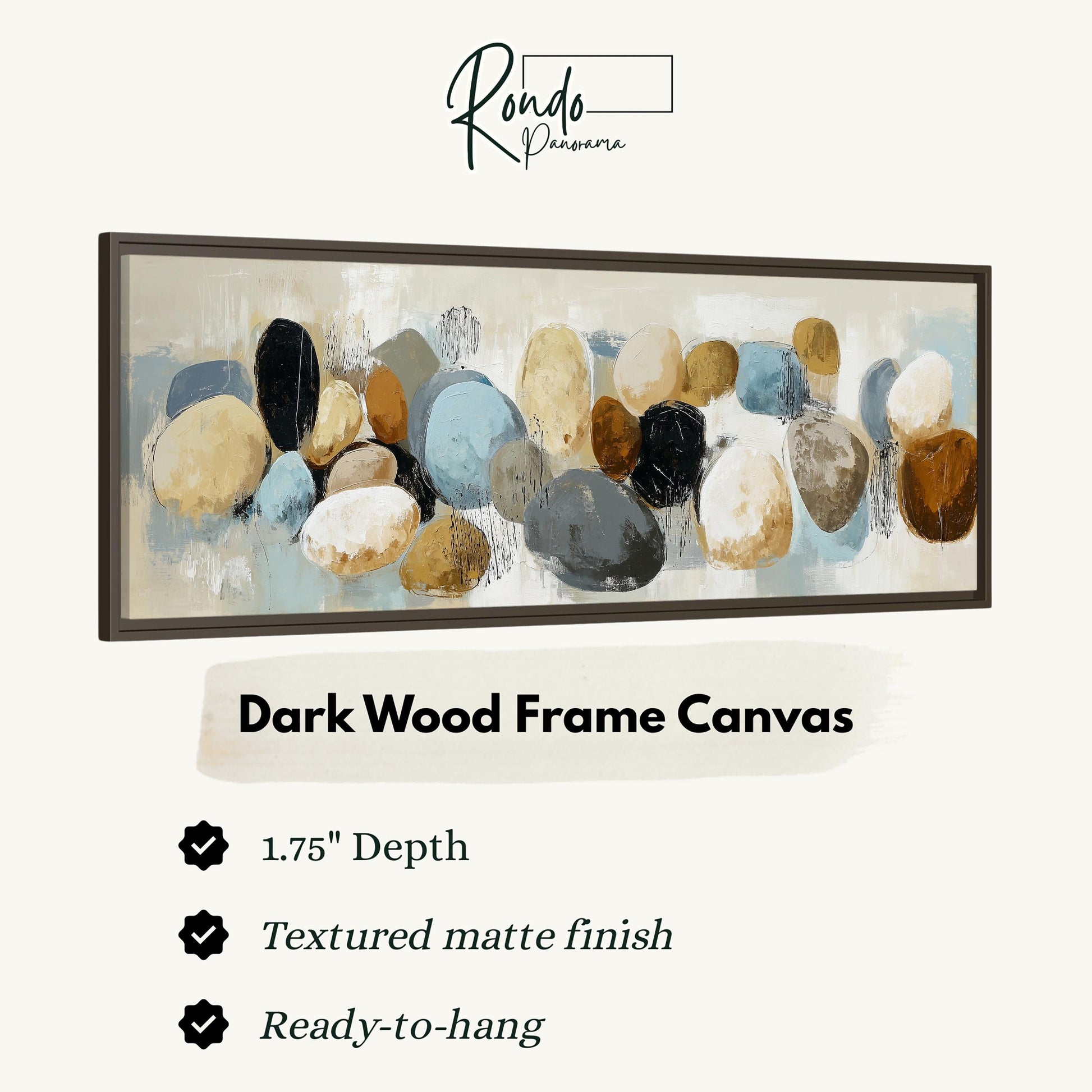 The image is a framed artwork depicting a collection of abstract shapes and textures, including various shades of brown, gray, and blue.